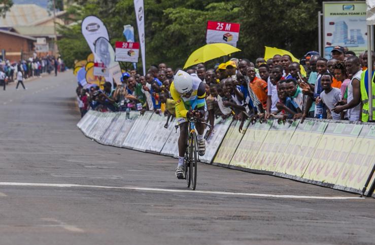 Rwanda’s cycling racer Jean Bosco Nsengimana wins the first stage of the 7th Tour of Rwanda in Kigali on Nov. 15, 2015.