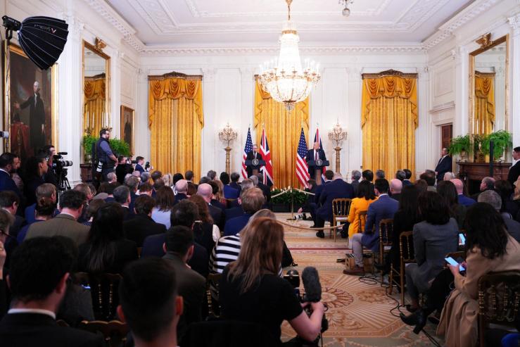 British Prime Minister Keir Starmer and U.S. President Donald Trump attend a joint press conference in the East Room at the White House.