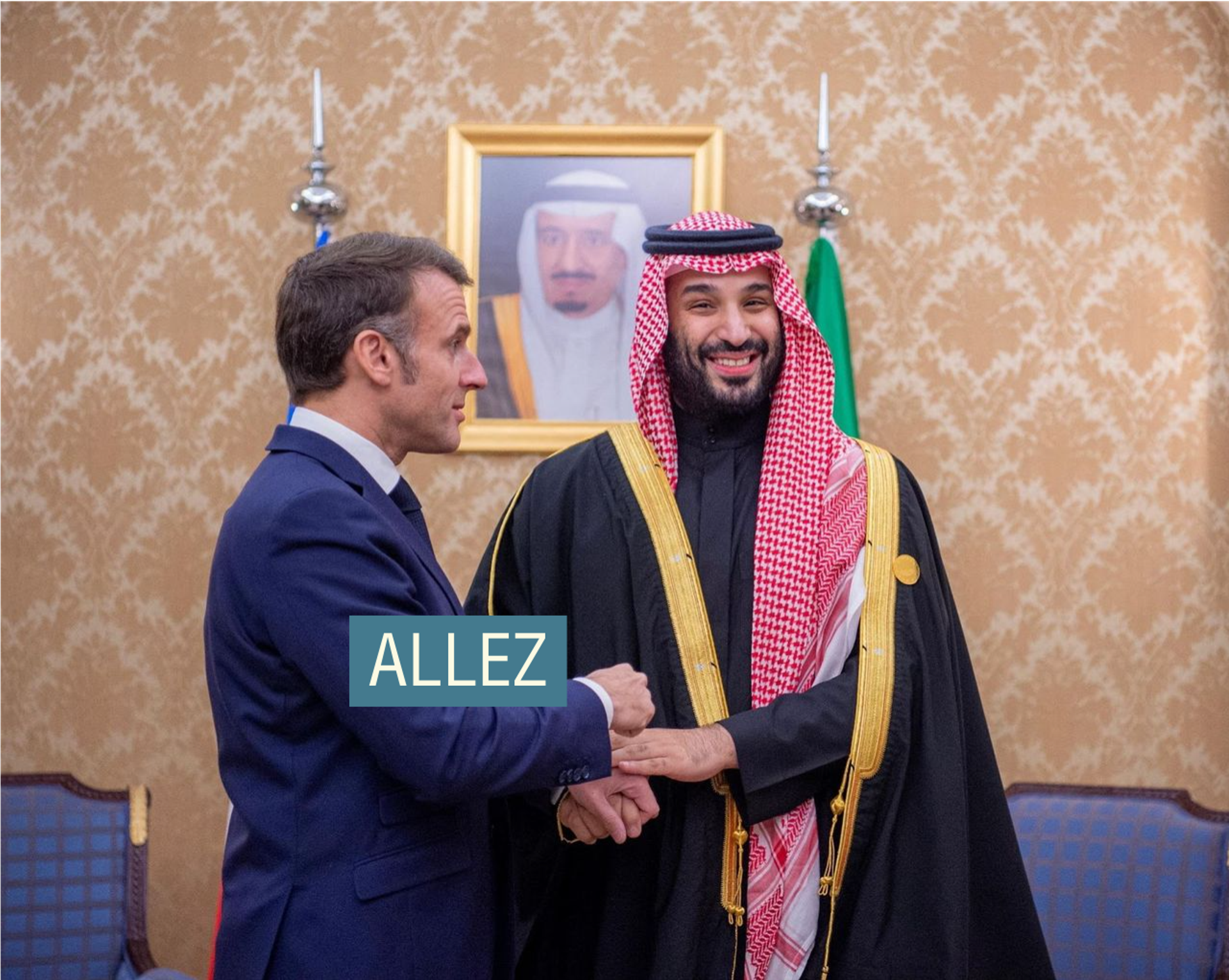 Saudi Crown Prince Mohammed bin Salman meets with French President Emmanuel Macron in Riyadh. With annotation “Allez”