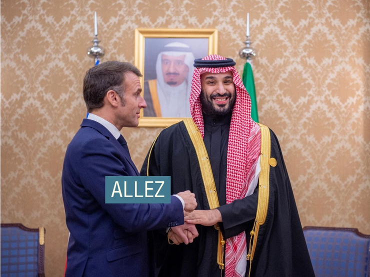 Saudi Crown Prince Mohammed bin Salman meets with French President Emmanuel Macron in Riyadh. With annotation “Allez”