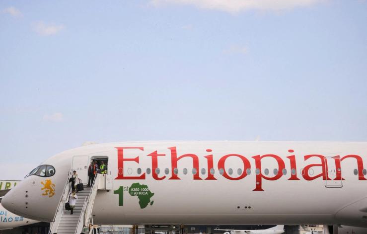 Ethiopian Airlines cabin crew disembark Ethiopia’s first Airbus A350-1000 passenger plane.