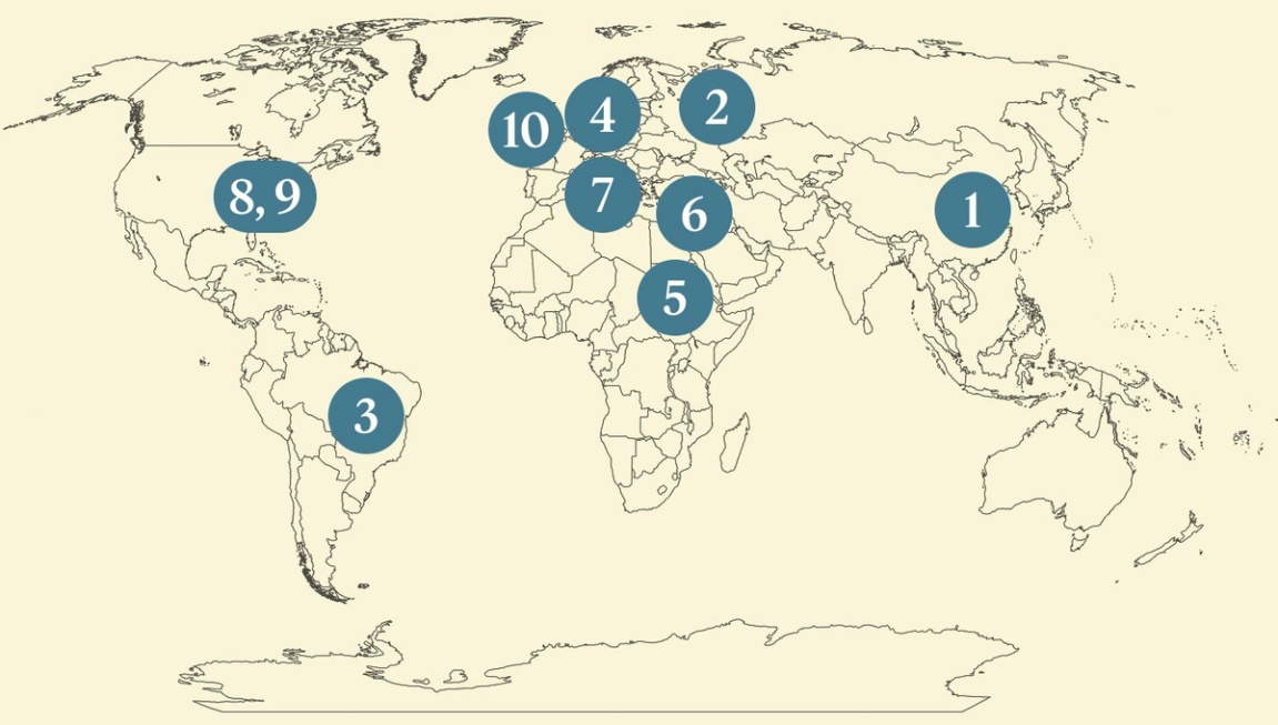A numbered map of the world.
