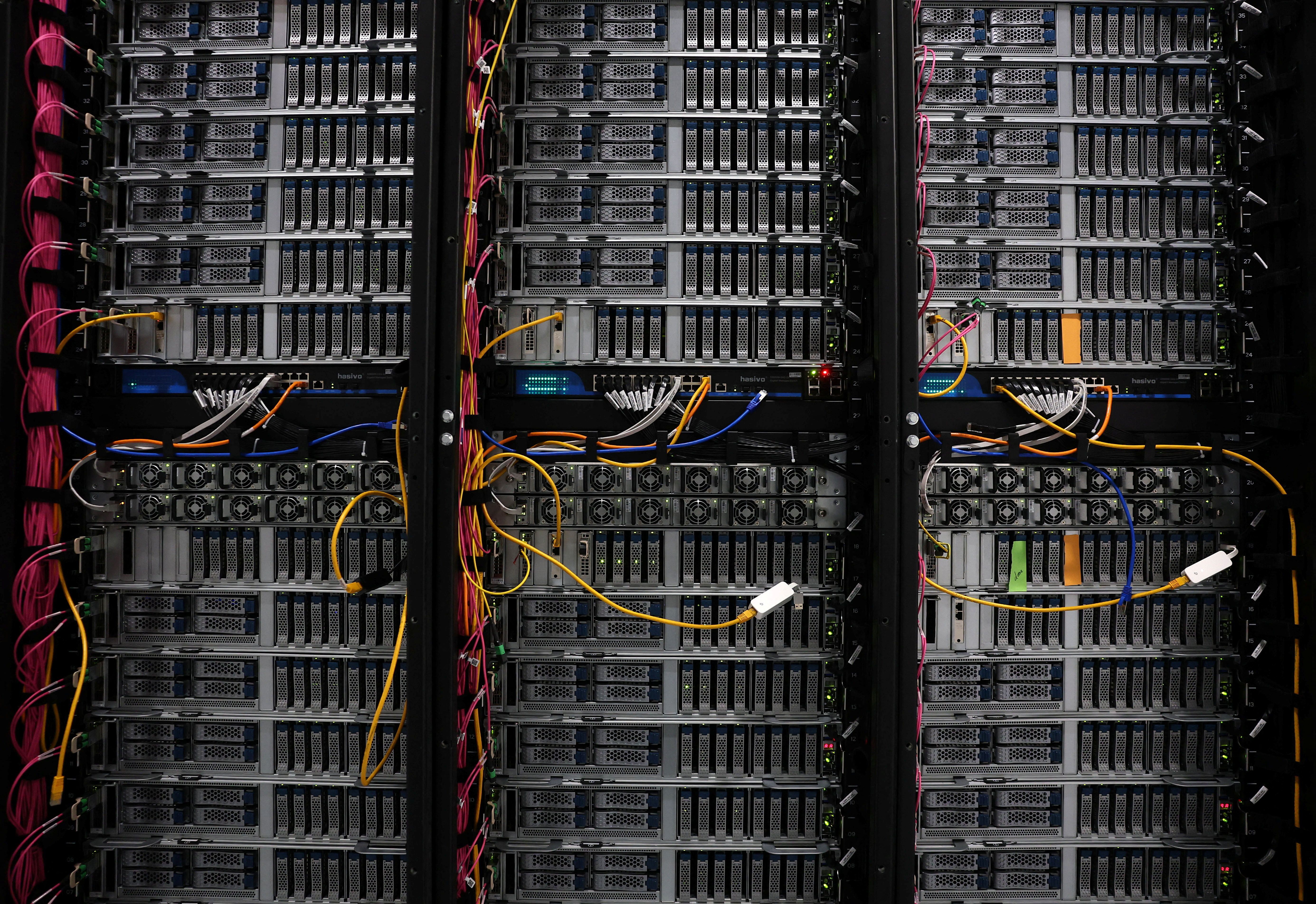 A view shows detail of racks for data servers, GPUs and CPUs inside the Nebius AI UK data centre, a new facility hosting NVIDIA and other computer firms, at Ark Data Centres, in Chertsey, Britain