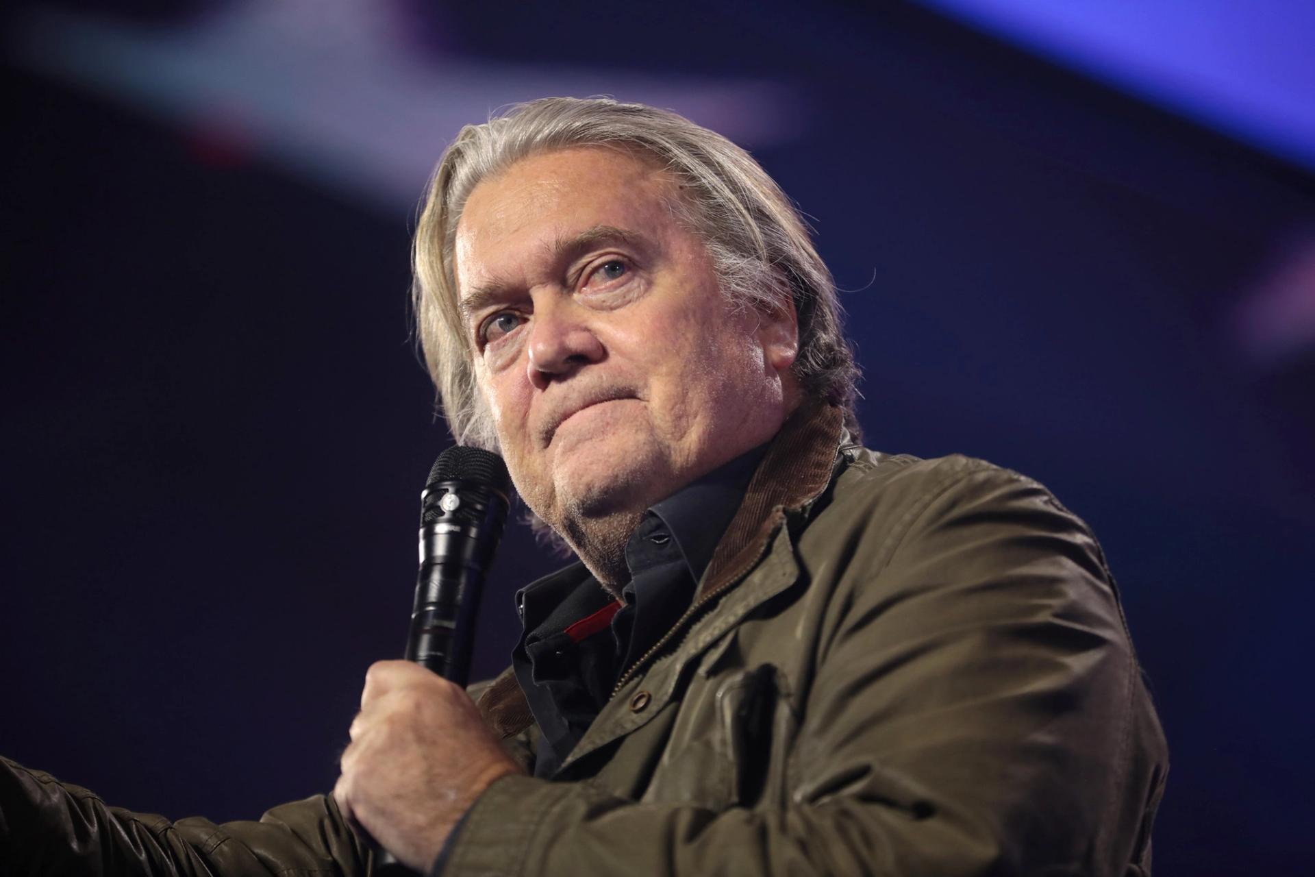 Steve Bannon speaking with attendees at the 2022 AmericaFest at the Phoenix Convention Center in Phoenix, Arizona.