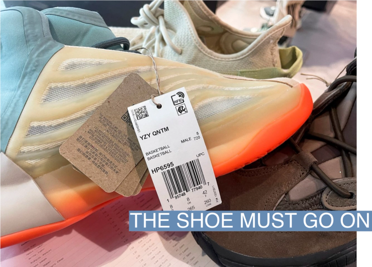 A pair of Yeezy shoes are seen in a Foot Locker store on the day Adidas terminated its partnership with the American rapper and designer Kanye West, now known as Ye, in Garden City, New York, U.S., October 25, 2022.