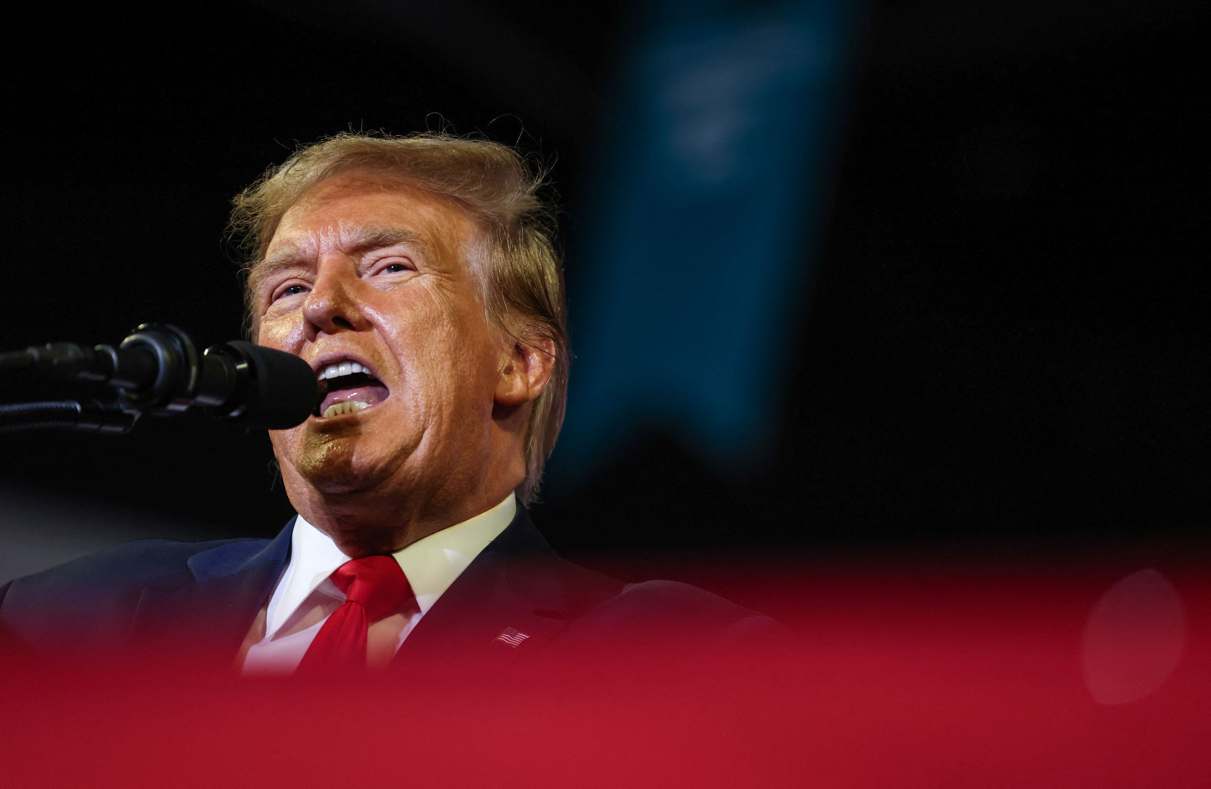 Republican presidential candidate and former U.S. President Donald Trump speaks as he holds a campaign rally at Coastal Carolina University ahead of the South Carolina Republican presidential primary in Conway, South Carolina, U.S., February 10, 2024. REUTERS/Sam Wolfe