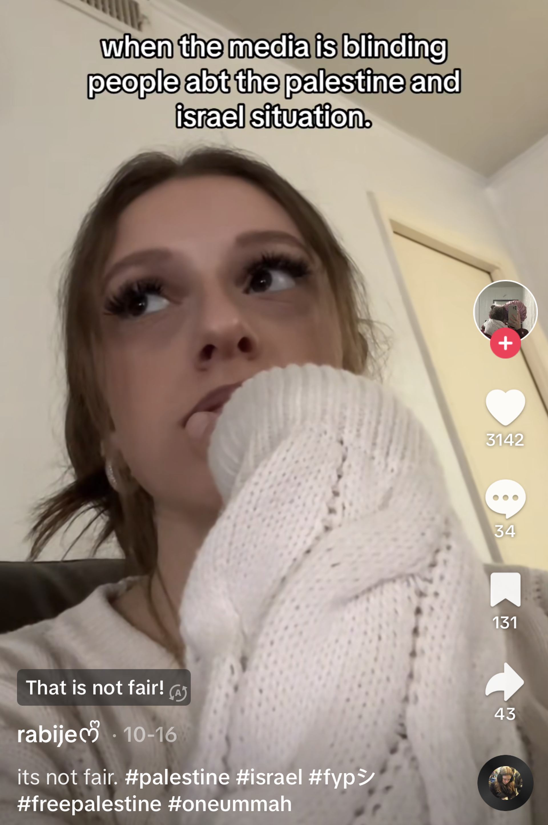 A screenshot of a TikTok with text saying "when the media is blinding peopel abt the palestine and israel situation"