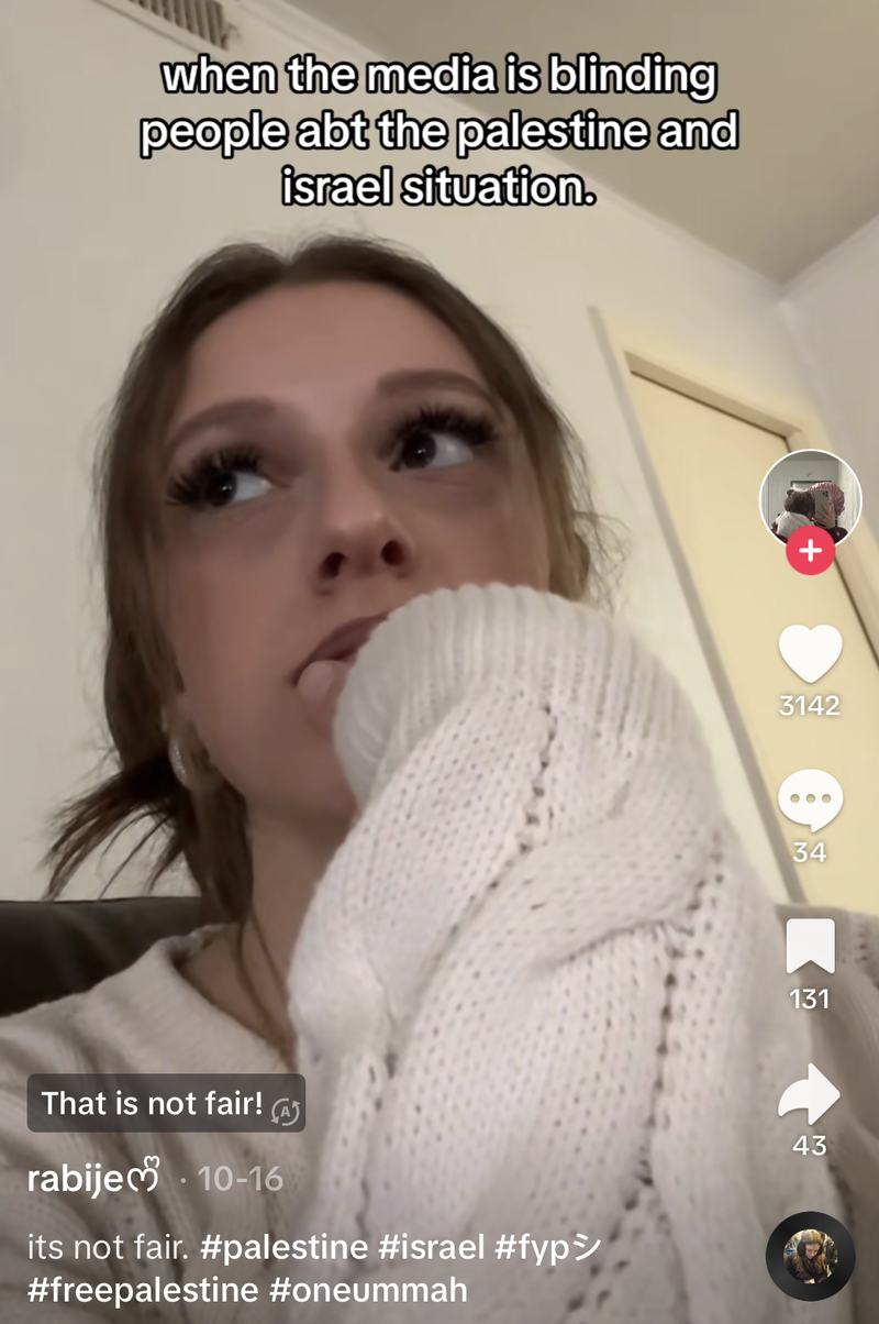 A screenshot of a TikTok with text saying “when the media is blinding peopel abt the palestine and israel situation”