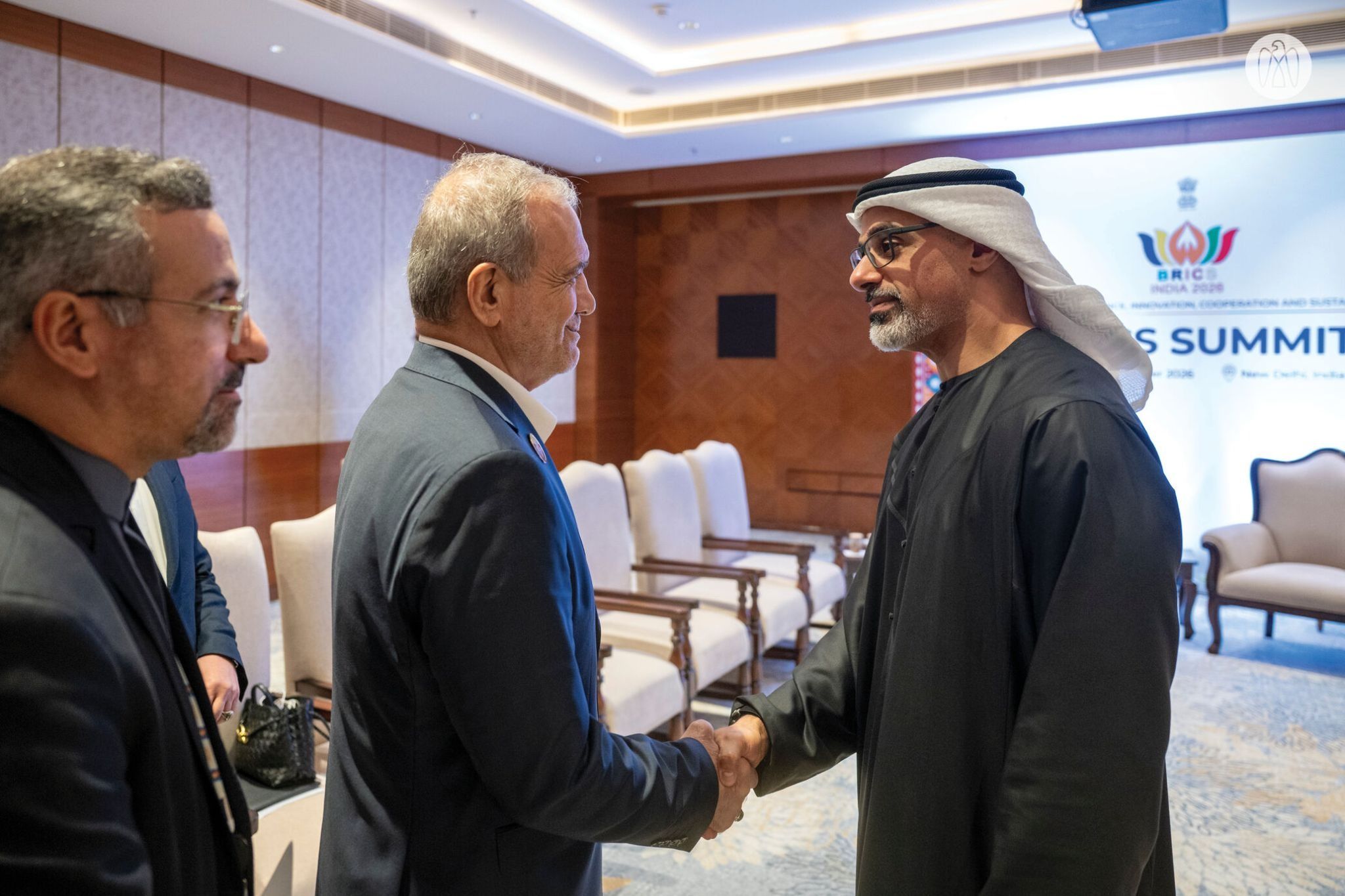 Sheikh Khaled bin Mohamed, Crown Prince of Abu Dhabi, and Iran’s president Masoud Pezeshkian.