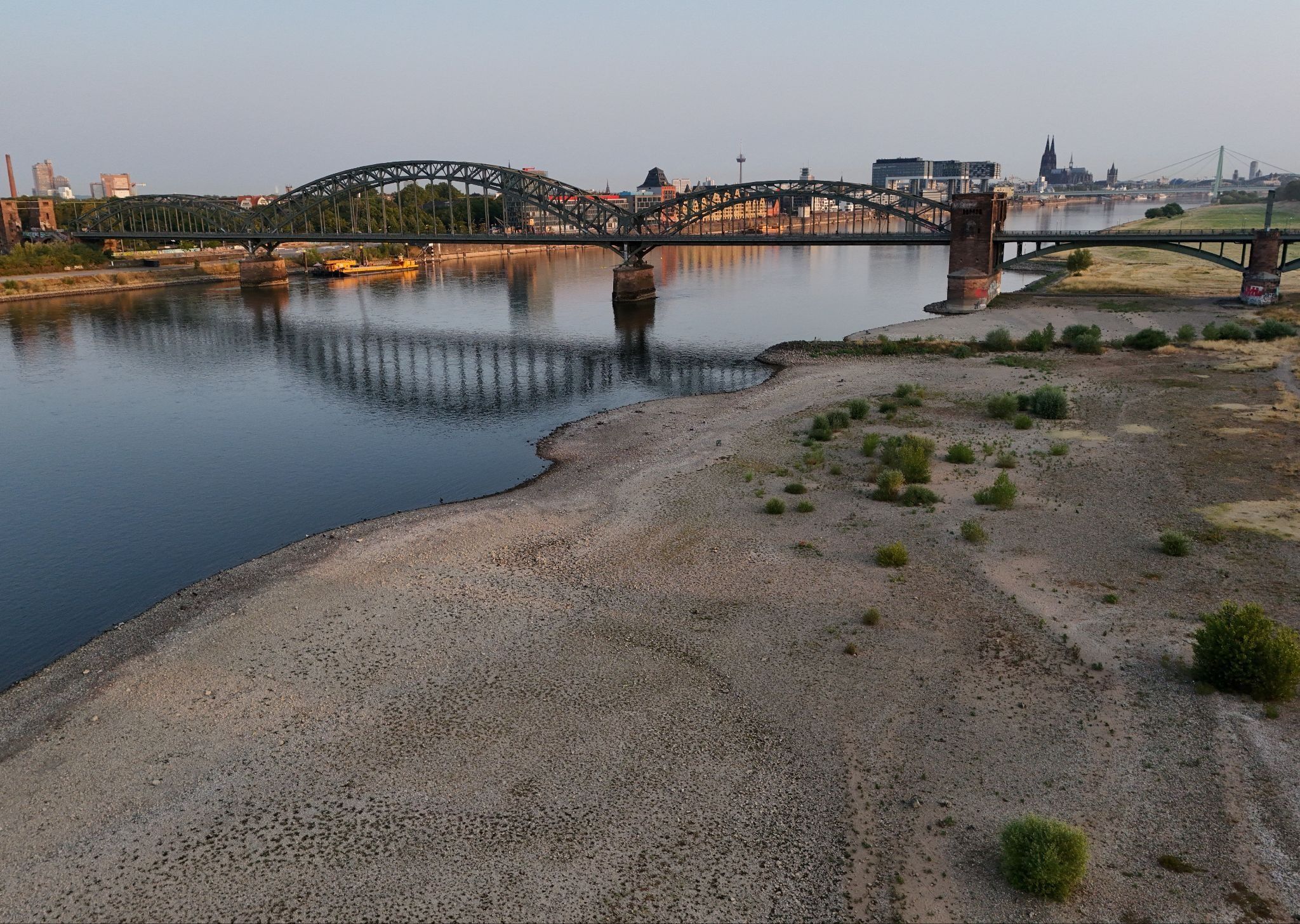 A drone picture shows the banks of the river Rhine.