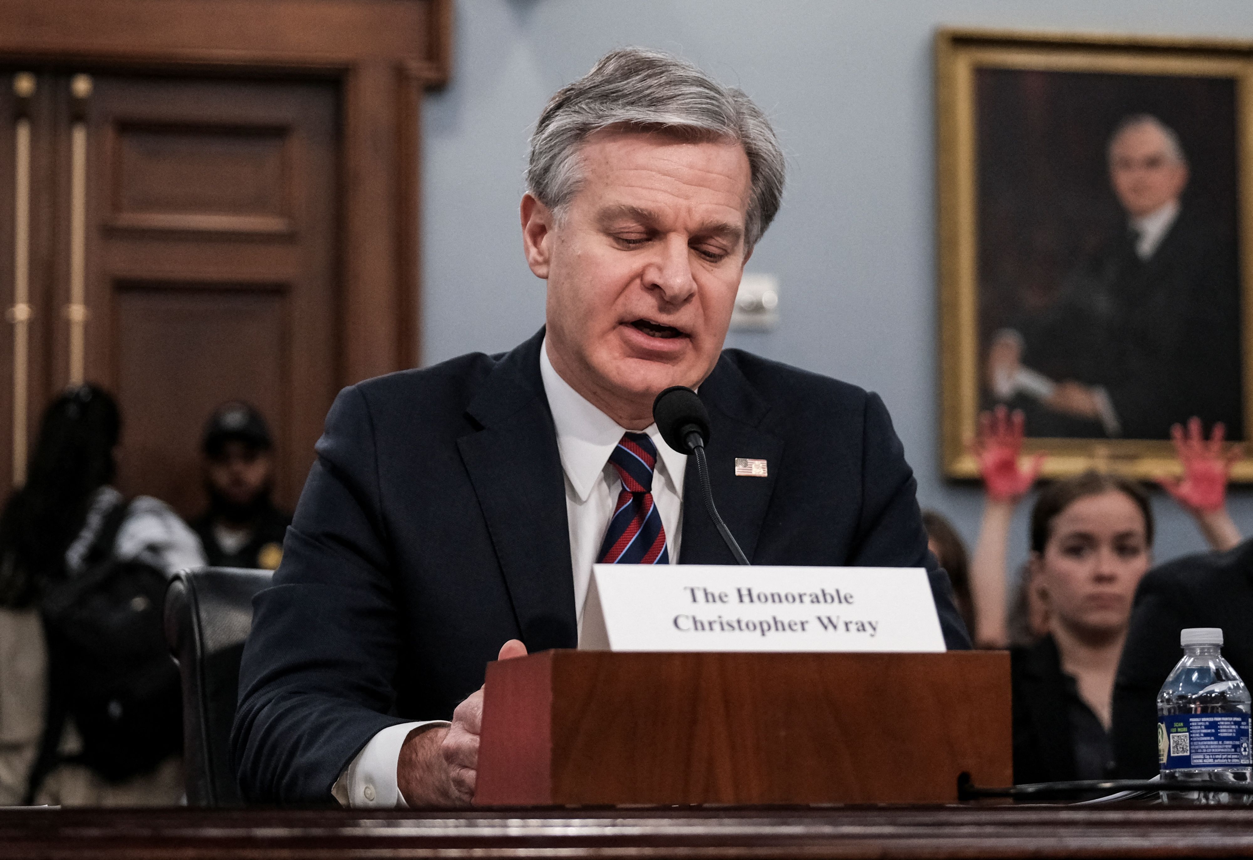 FBI Director Christopher Wray testifies before the House Approbations Subcommittee on Capitol Hill in Washington, U.S., April 11, 2024. REUTERS/Michael A. McCoy