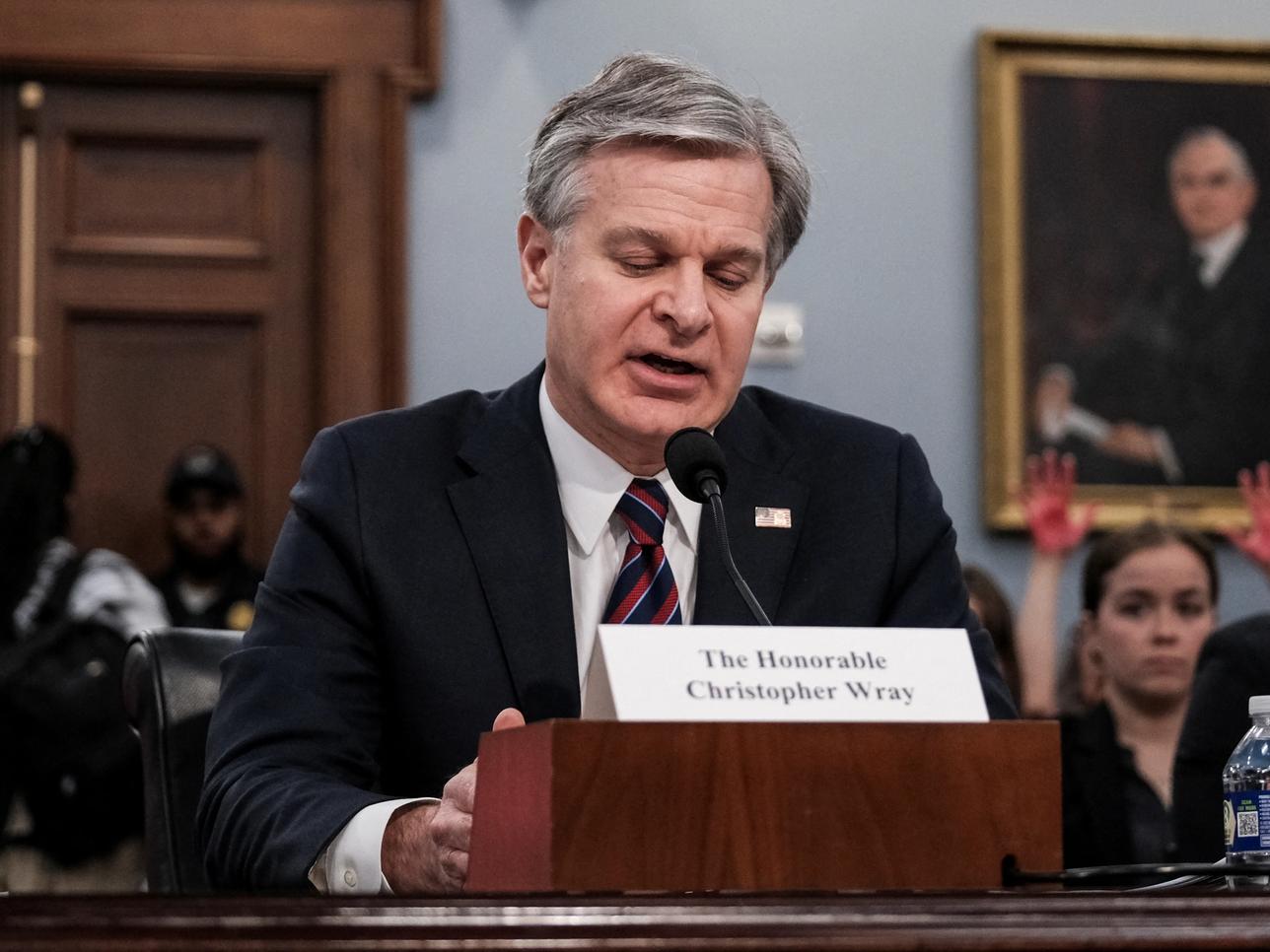 FBI Director Christopher Wray testifies before the House Approbations Subcommittee on Capitol Hill in Washington, U.S., April 11, 2024. REUTERS/Michael A. McCoy