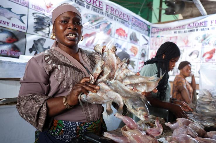 A Lagos market woman who runs a frozen food business, displays frozen fish iced using a generator at the Ijora Coldroom market in Lagos, Nigeria, March 27, 2026.