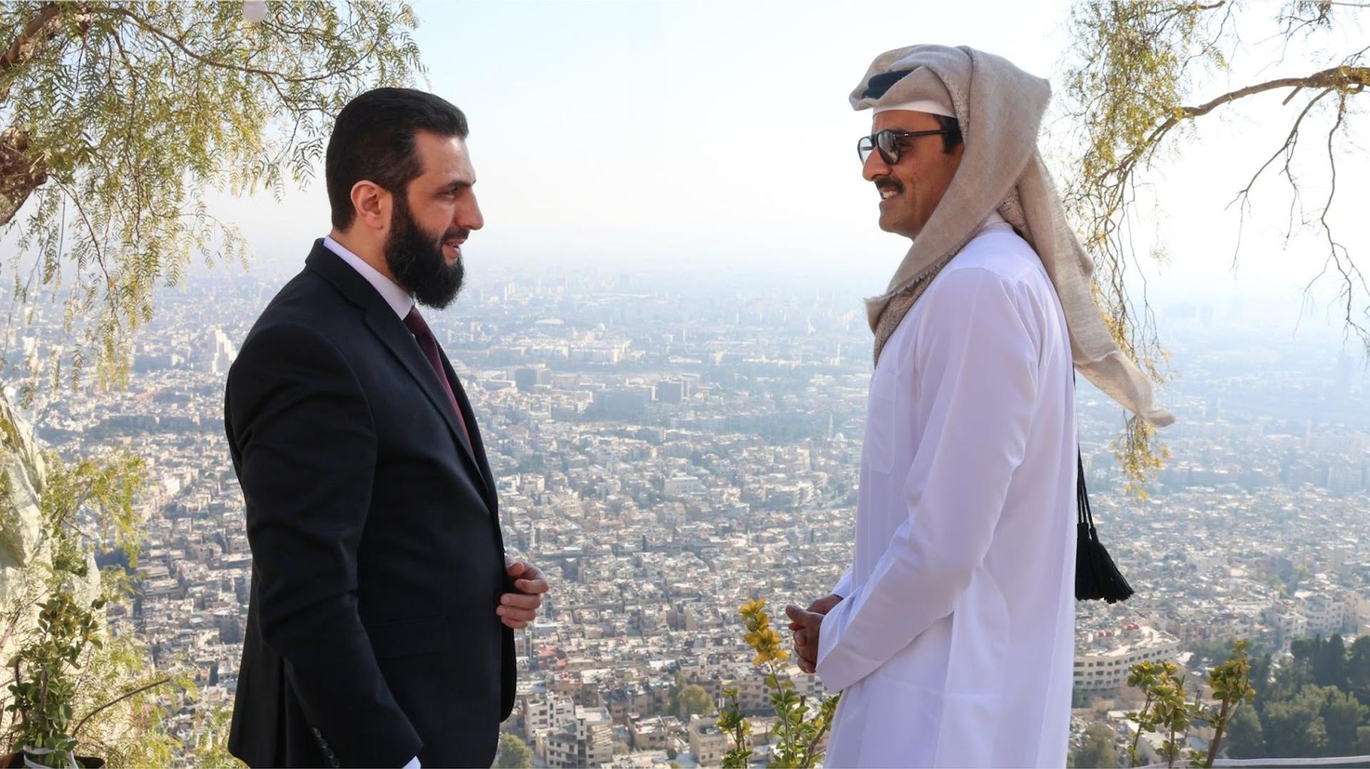 Syrian president Ahmad Al-Sharaa, Qatar Amir Sheikh Tamim bin Hamad.