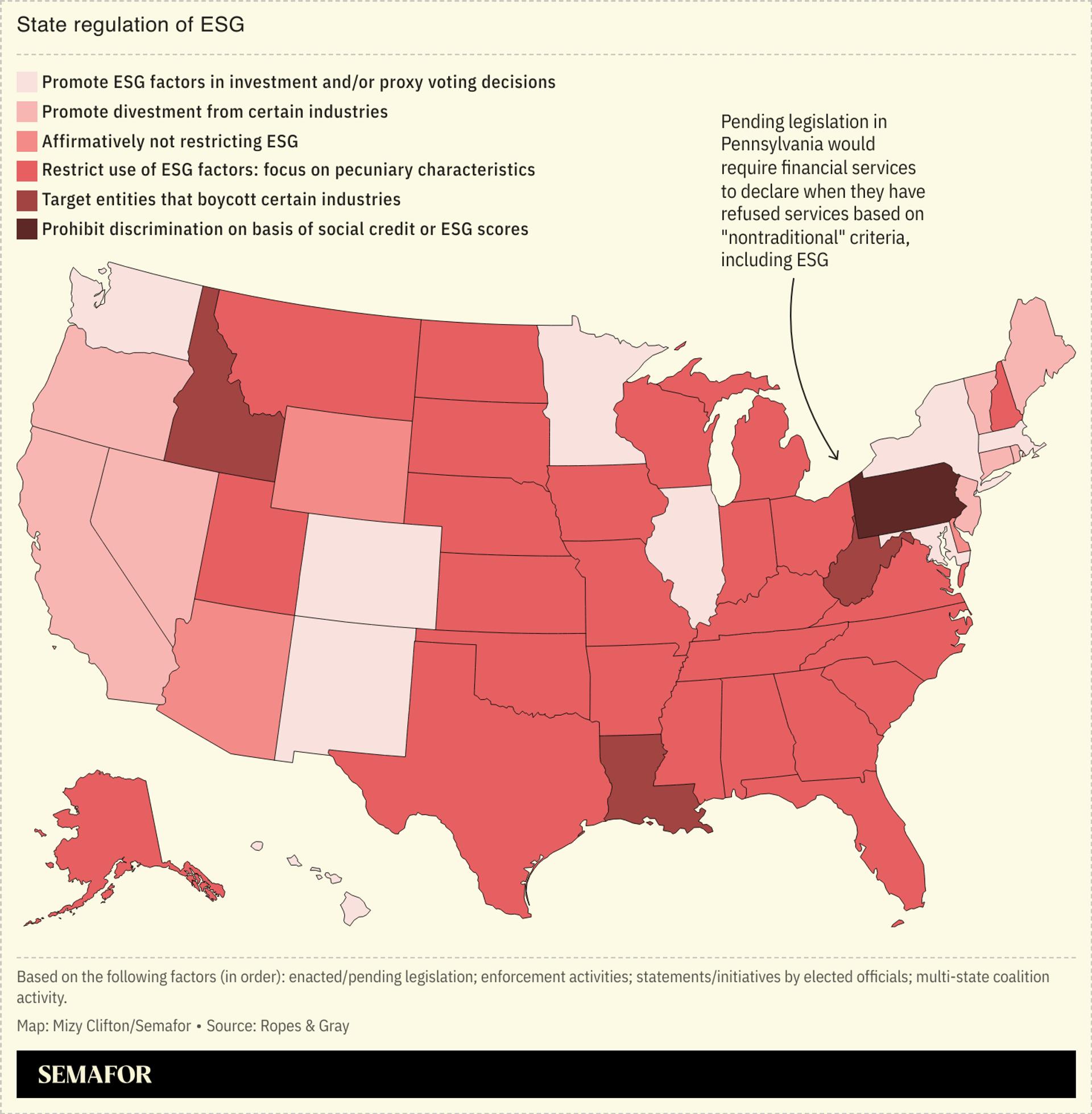 A map showing state regulation of ESG in the US, by category