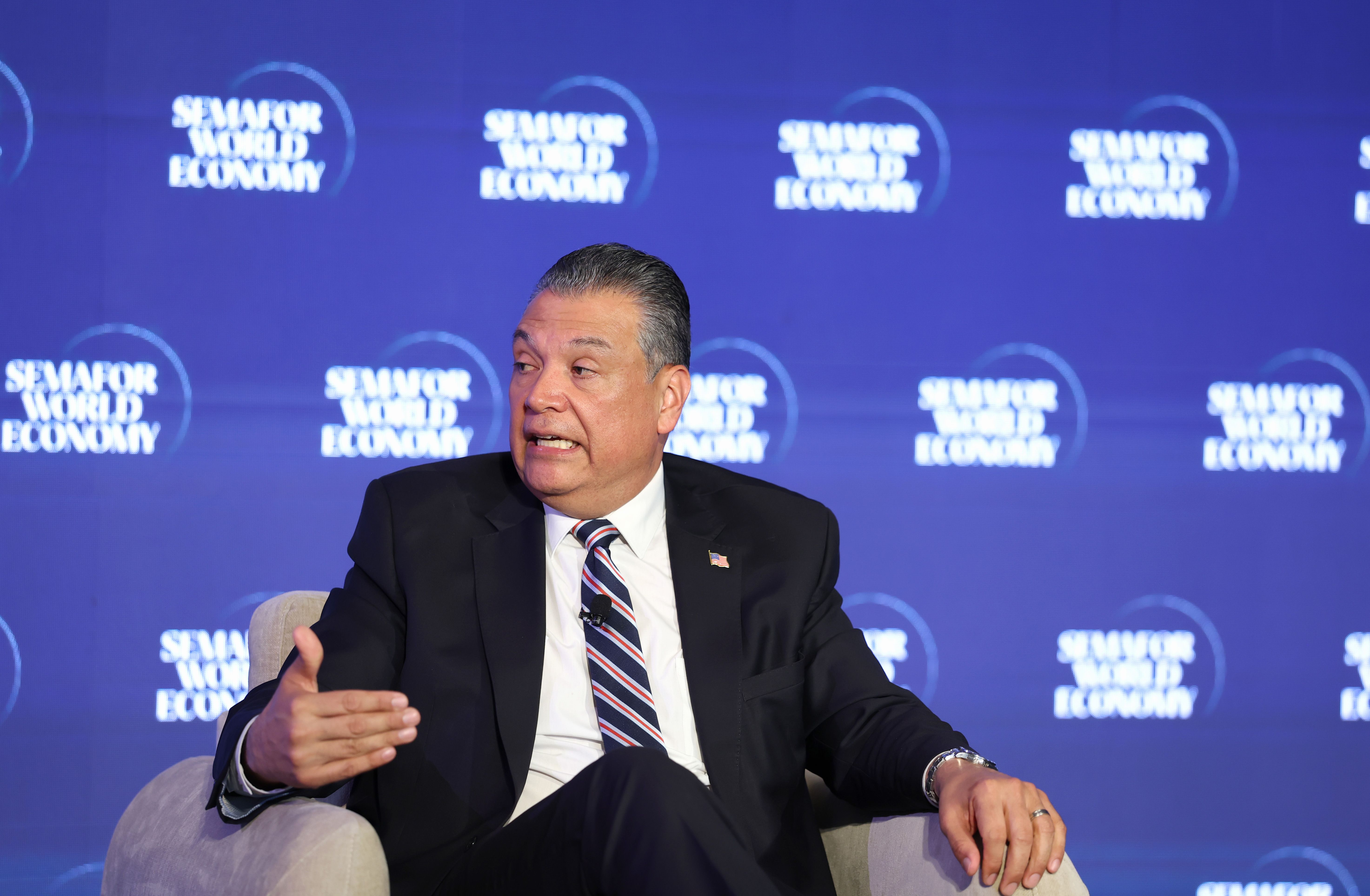 Sen. Alex Padilla speaks on stage during Semafor World Economy 2026