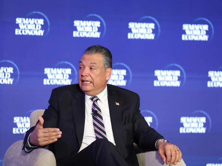 Sen. Alex Padilla speaks on stage during Semafor World Economy 2026