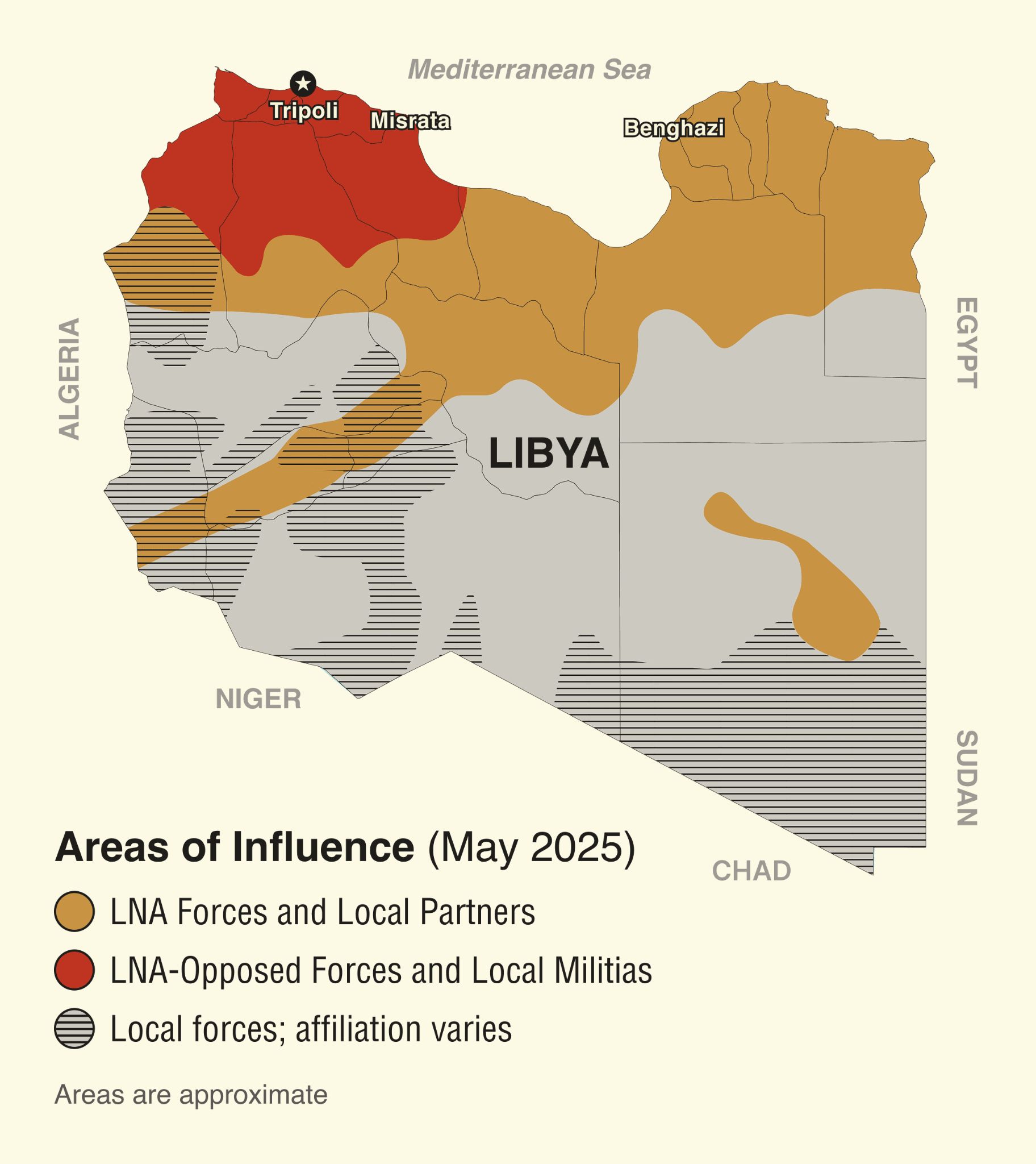 A map showing the LNA’s areas of influence in Libya. 