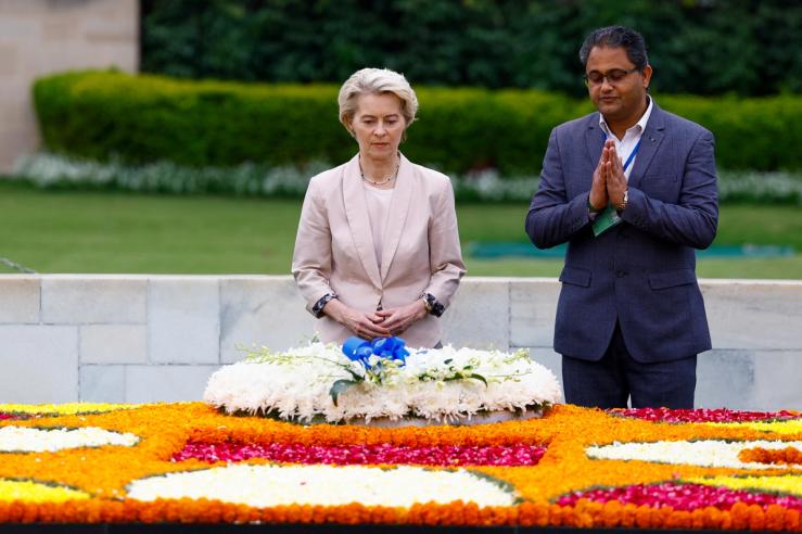 European Commission President Ursula von der Leyen at the Mahatma Gandhi memorial in New Delhi Thursday.
