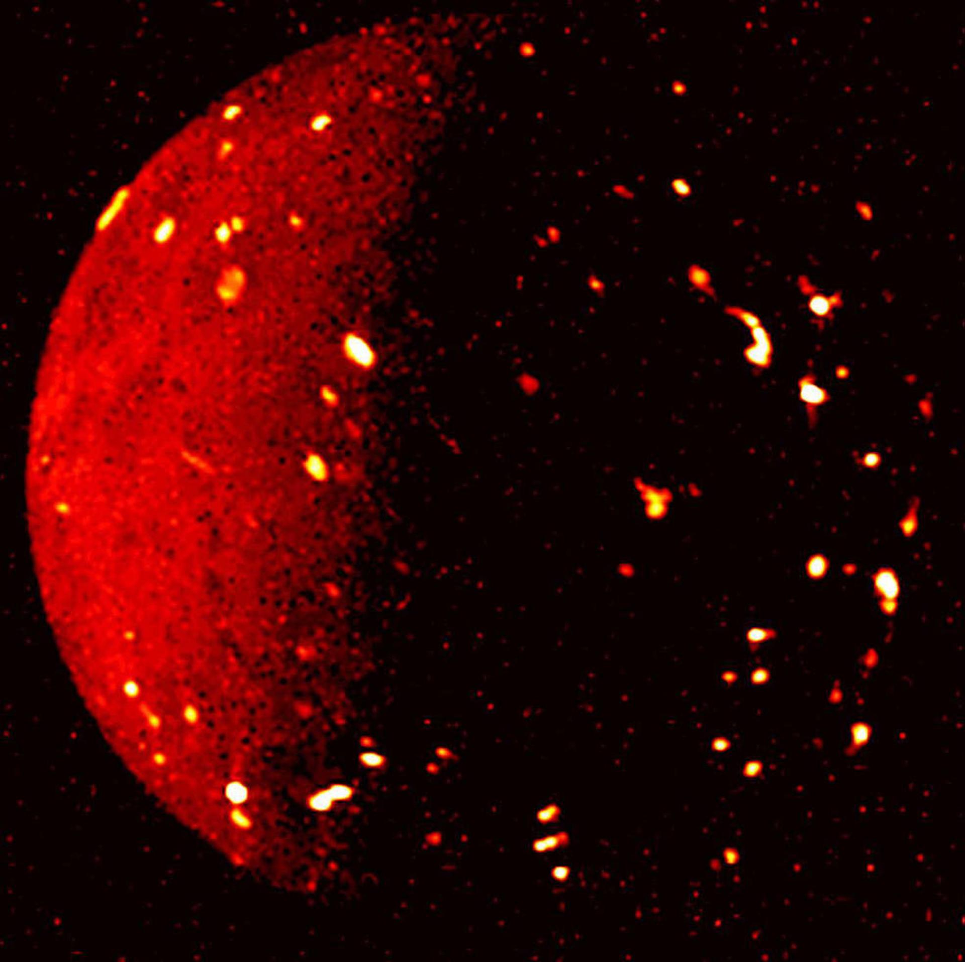 The volcano-laced surface of Jupiter’s moon Io was captured in infrared by the Juno spacecraft.