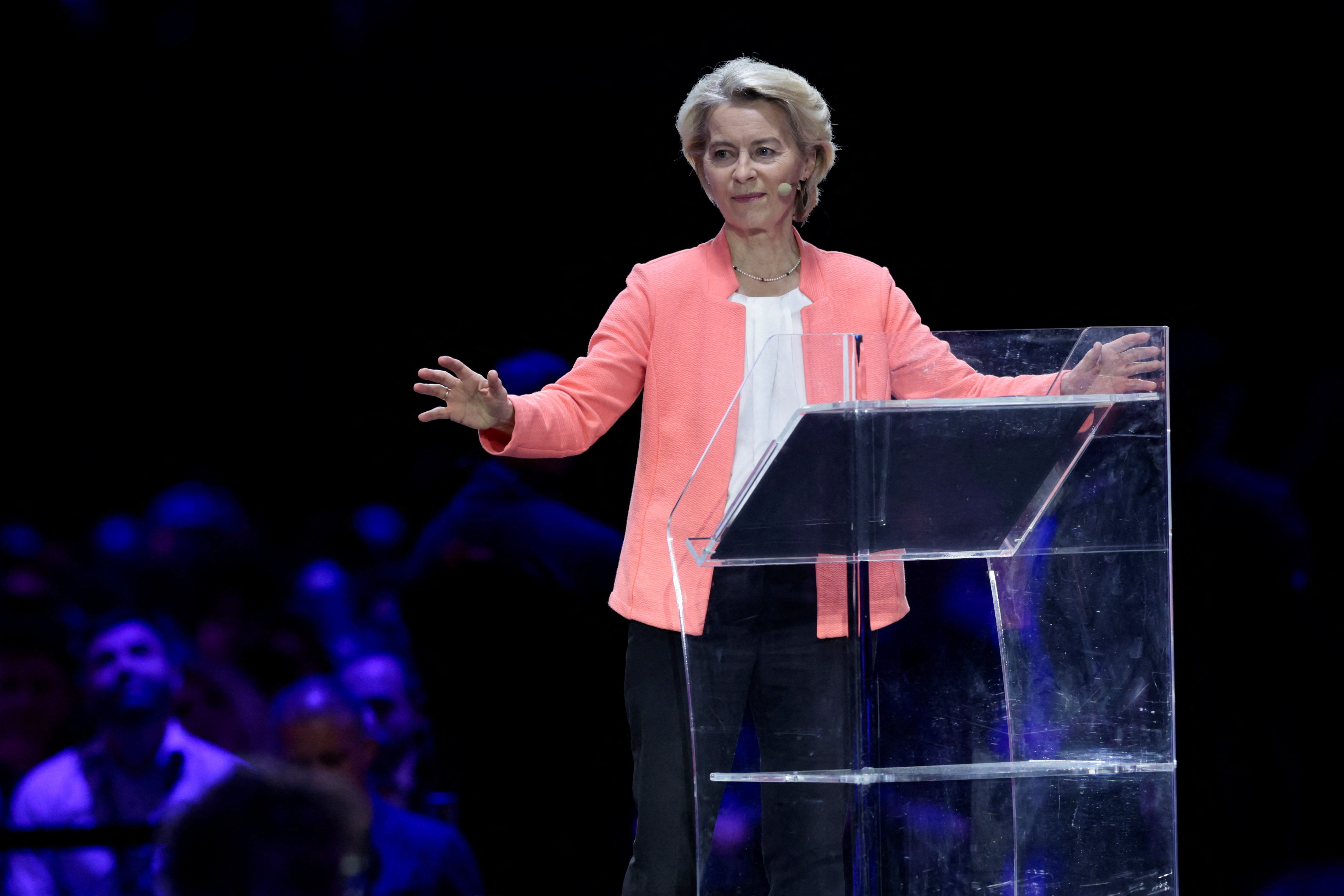 President of the European Commission Ursula von der Leyen speaks at the main panel of Italian Tech Week 2025 in Turin, Italy.