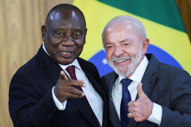 South Africa’s President Cyril Ramaphosa and Brazil’s President Luiz Inacio Lula da Silva react during a joint press statement.