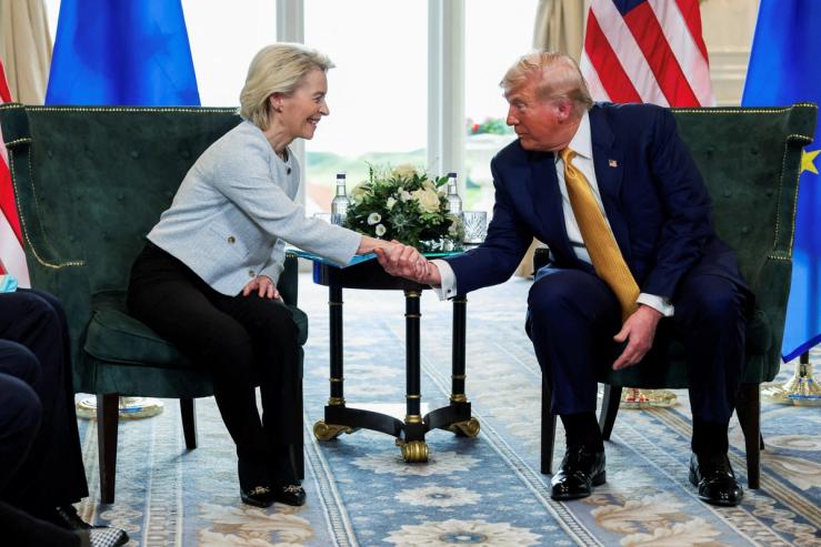 U.S. President Donald Trump shakes hands with European Commission President Ursula von der Leyen
