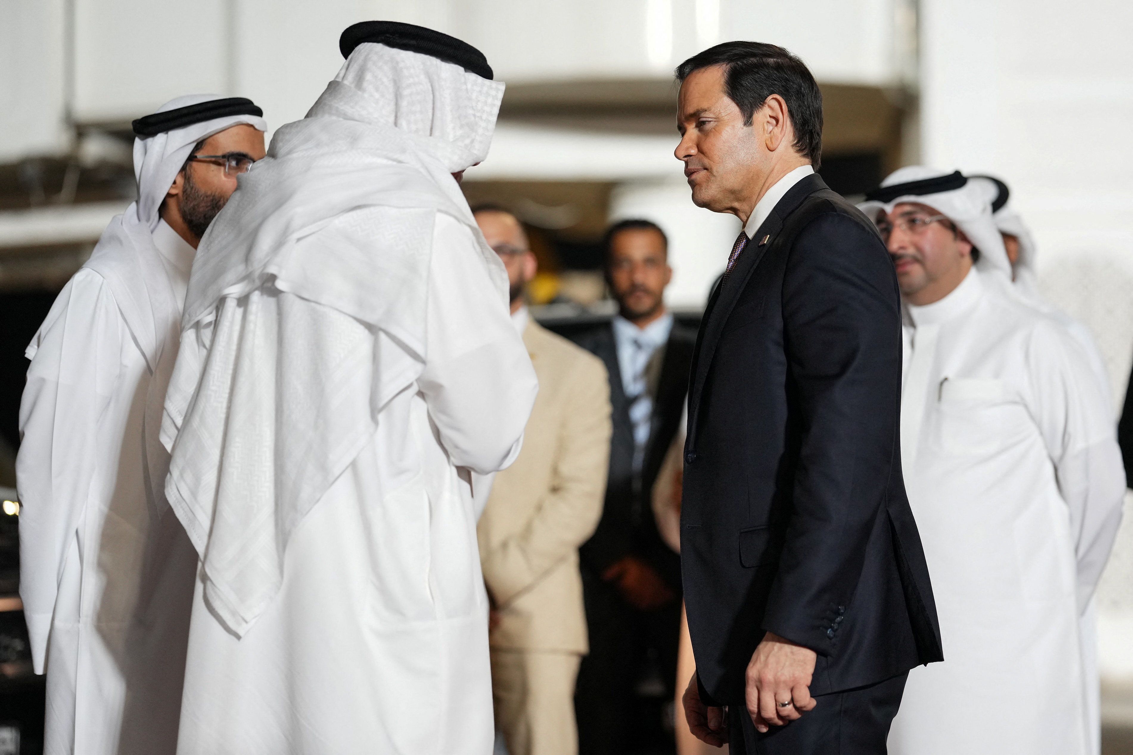 Bahrain’s Foreign Minister Abdullatif bin Rashid Al Zayani speaks with U.S. Secretary of State Marco Rubio