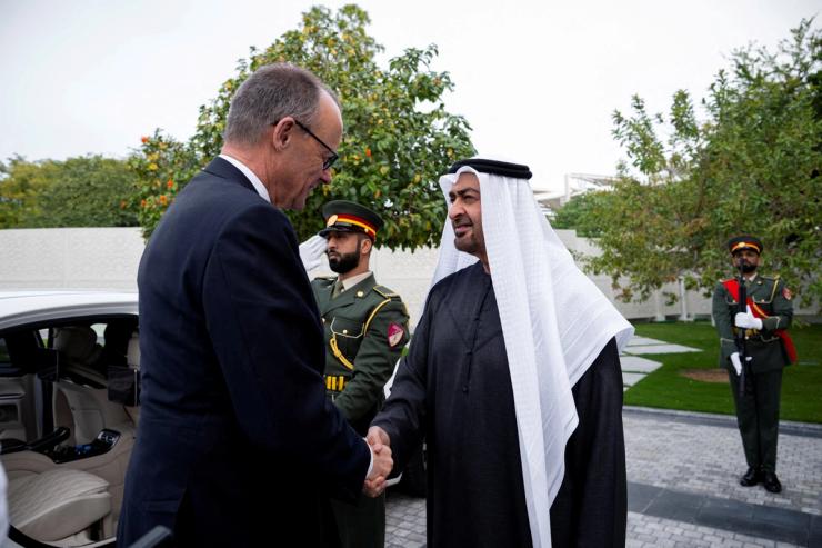 UAE President Sheikh Mohamed bin Zayed Al Nahyan greets Germany’s Chancellor Friedrich Merz back in February 2026