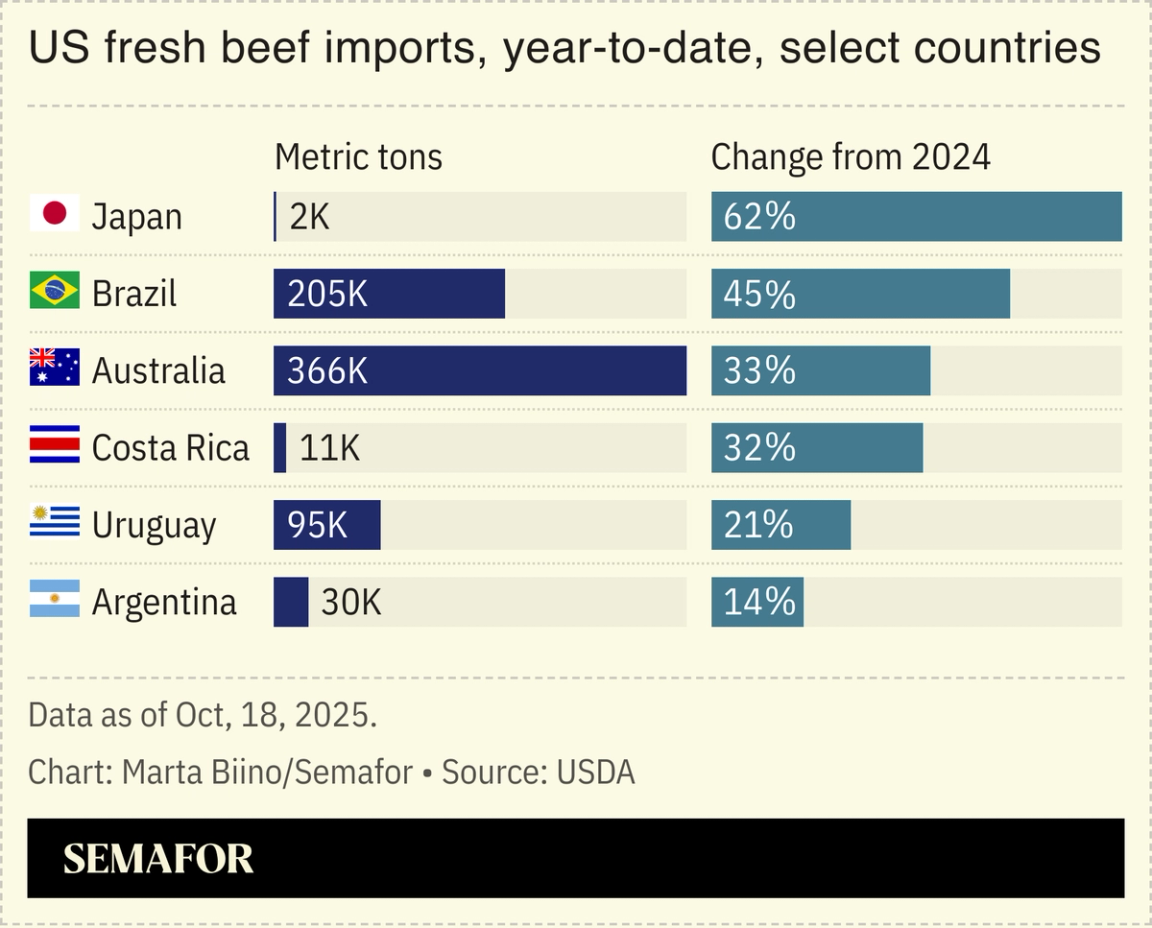 A chart showing fresh beef imports to the US for 2025.
