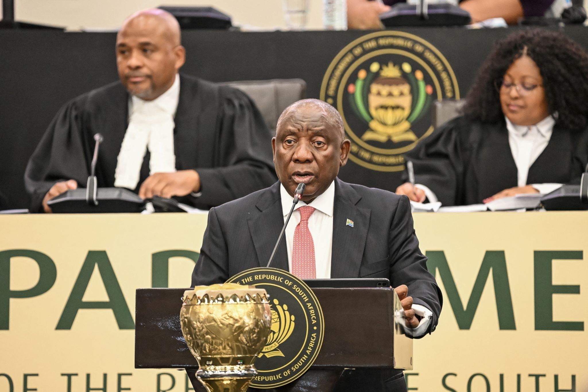 South Africa’s President Cyril Ramaphosa answers questions in Parliament.