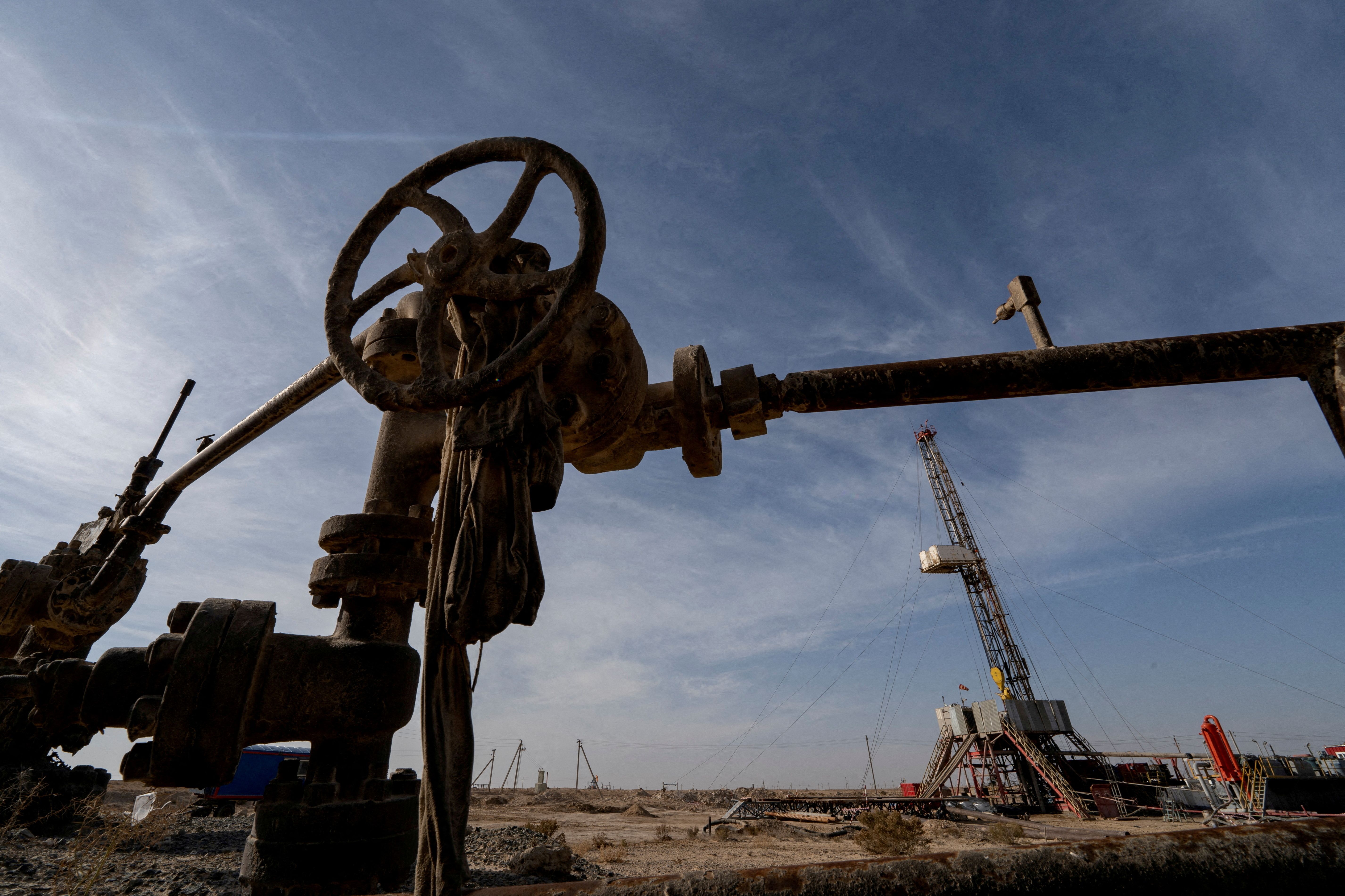A views shows an oil drilling rig at Zhetybay field in the Mangystau region, Kazakhstan, November 13, 2023.