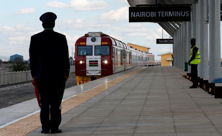 A train launched to operate on the Standard Gauge Railway (SGR) line constructed by the China Road and Bridge Corporation (CRBC) and financed by Chinese government arrives at the Nairobi Terminus on the outskirts of Kenya’s capital Nairobi