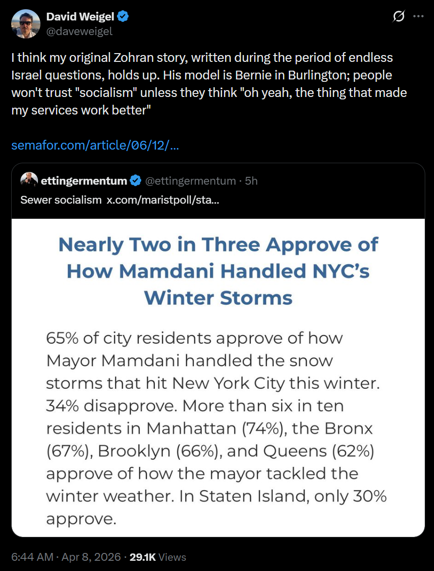 David Weigel on X: “I think my original Zohran story, written during the period of endless Israel questions, holds up. His model is Bernie in Burlington; people won’t trust “socialism” unless they think ‘oh yeah, the thing that made my services work better’”
