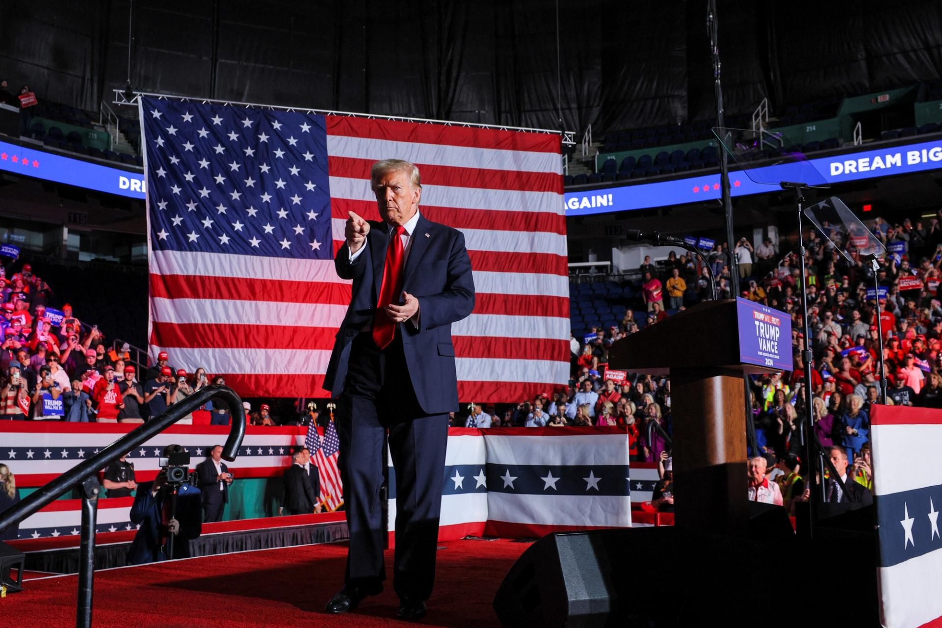 Republican presidential nominee and former U.S. President Donald Trump gestures on the day of a campaign rally in Greensboro, North Carolina.