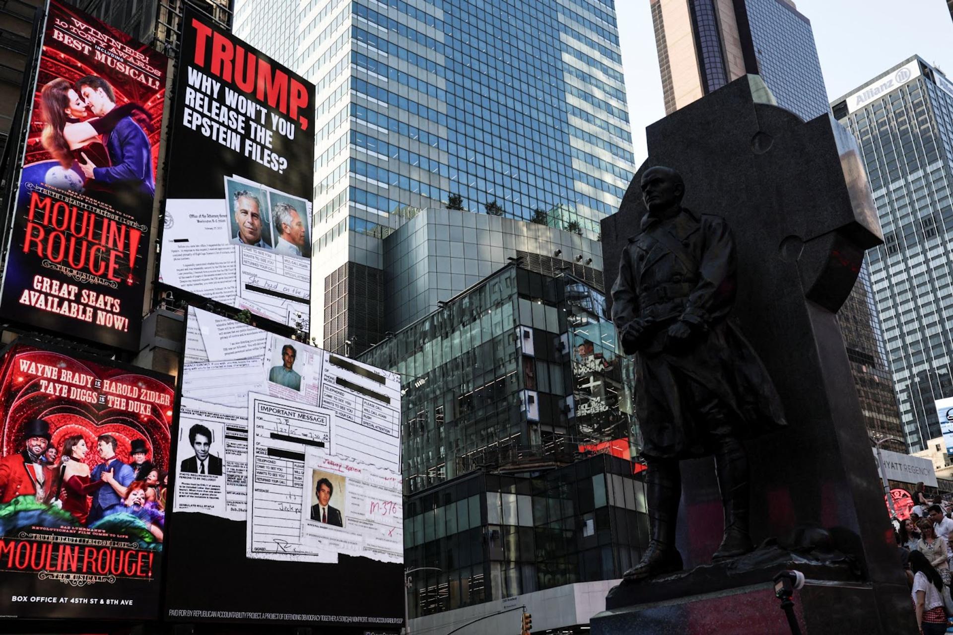 Accusations of the Epstein files displayed in Times Square. 