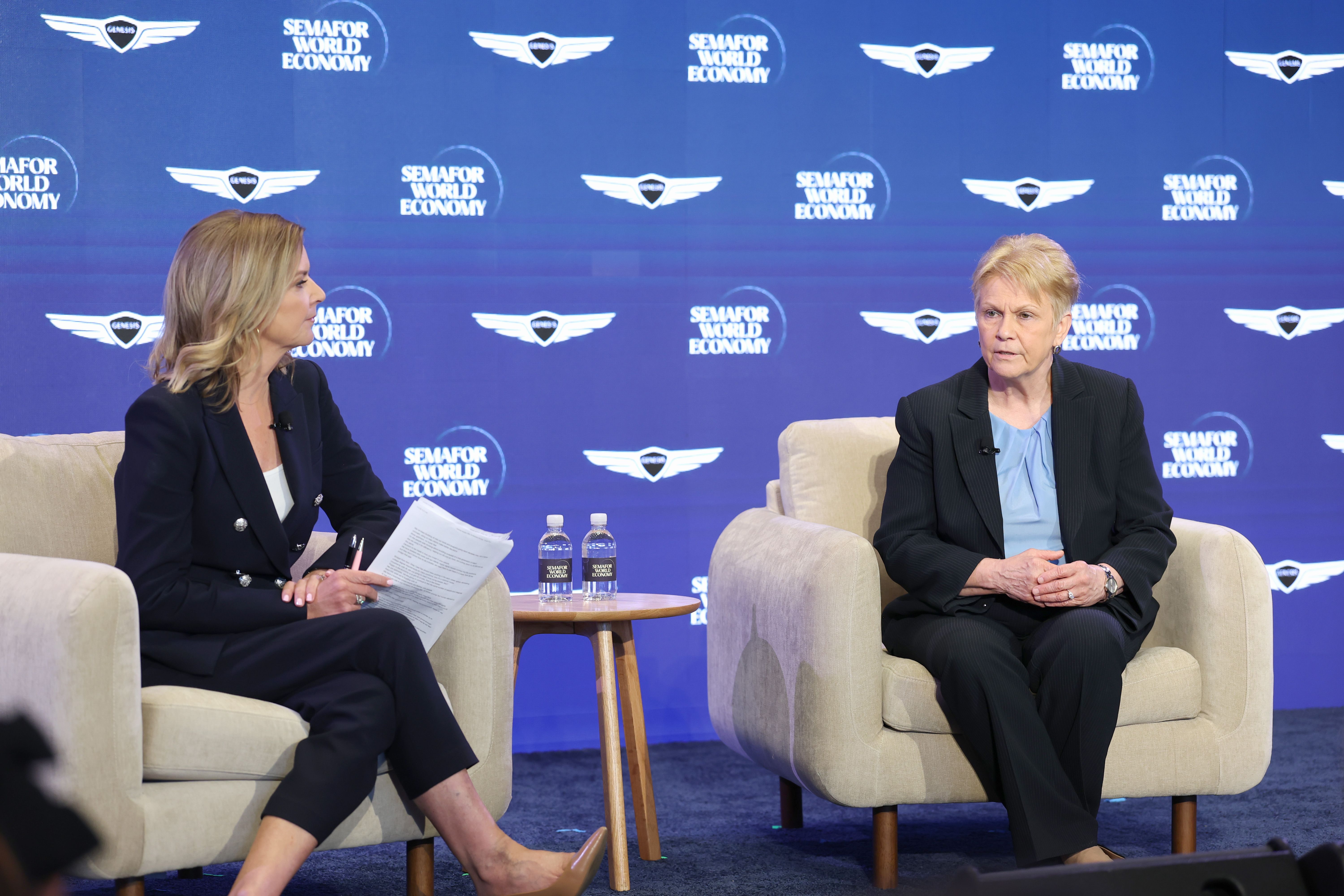 (L-R) Christine Romans (Senior Business Correspondent - NBC News) and Vicki Hollub (President and CEO - Occidental Petroleum) speak on stage during Semafor World Economy 2026 on April 14, 2026 in Washington, DC. 