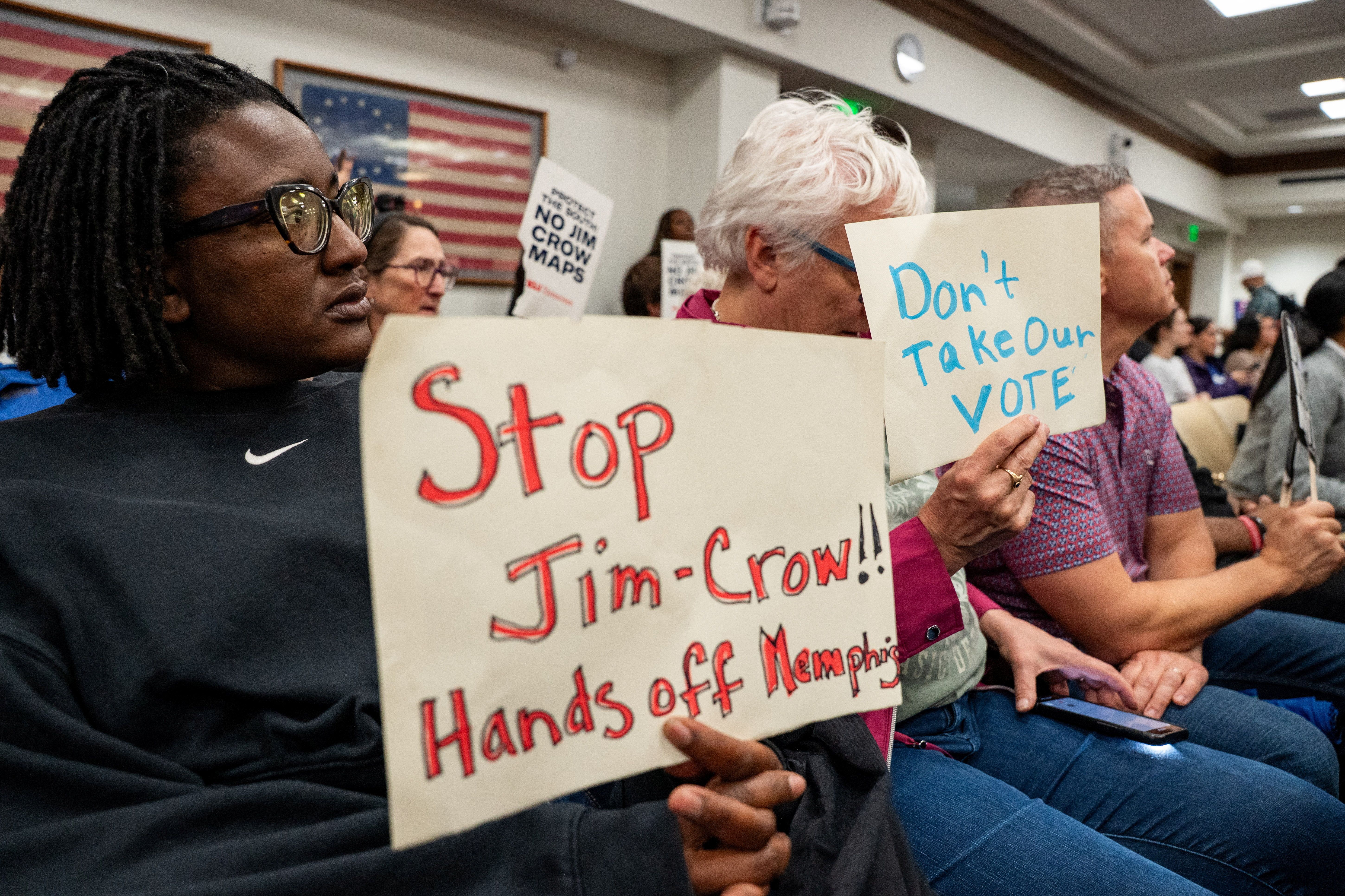 Demonstrators gather to protest against efforts by the state’s Republican leadership in redistricting congressional election maps, during a special session of the Senate State and Local Government Committee at the Cordell Hull building in Nashville, Tennessee
