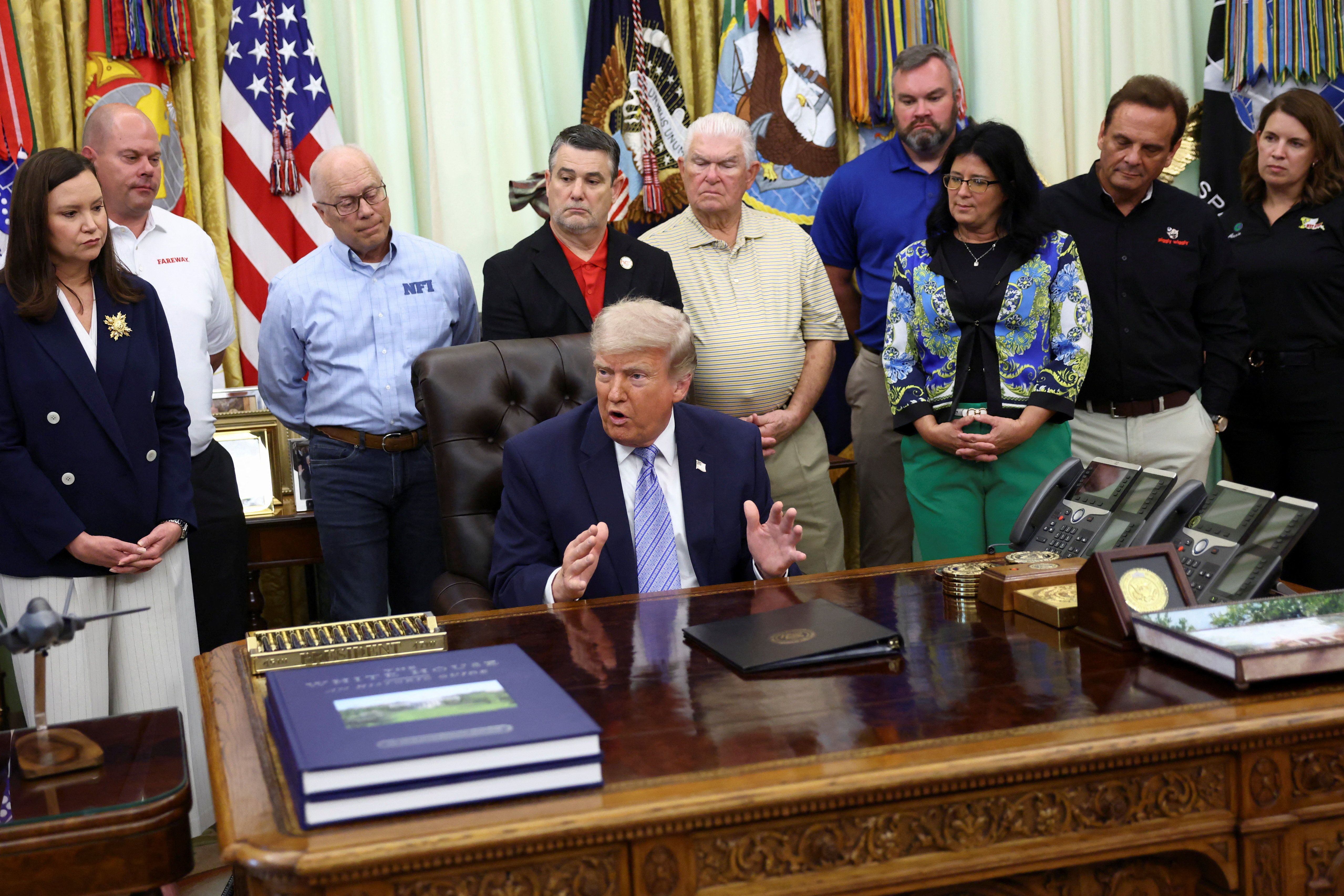 President Donald Trump speaks in the Oval Office