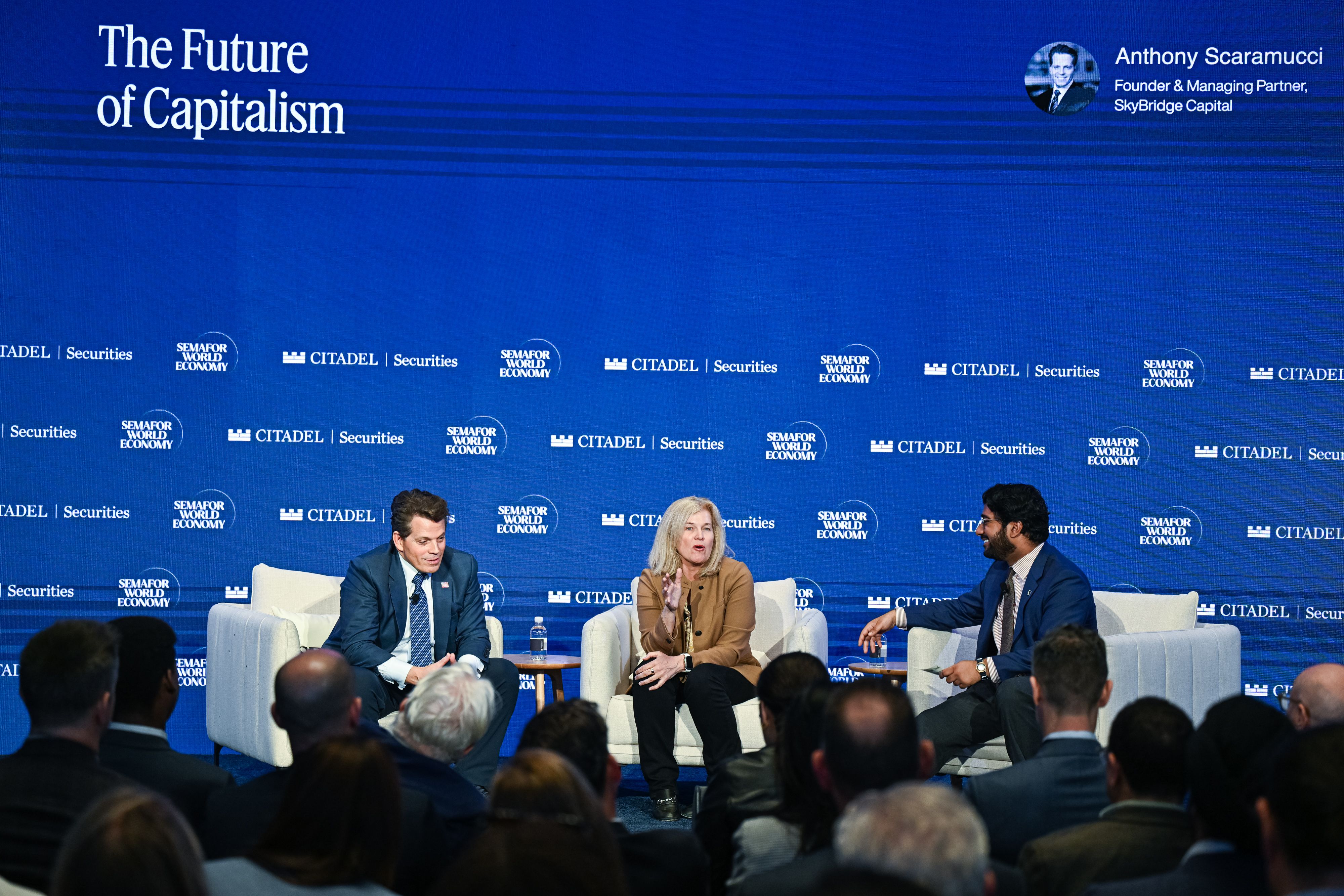 (L–R) Anthony Scaramucci, founder and managing partner of Skybridge Capital and Jenny Johnson, Franklin Templeton CEO, speak with Semafor’s Rohan Goswami.