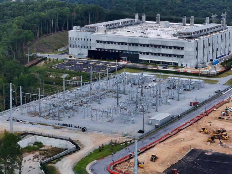 A drone view shows construction underway on Microsoft’s ATL11 data center in Union City, Georgia.