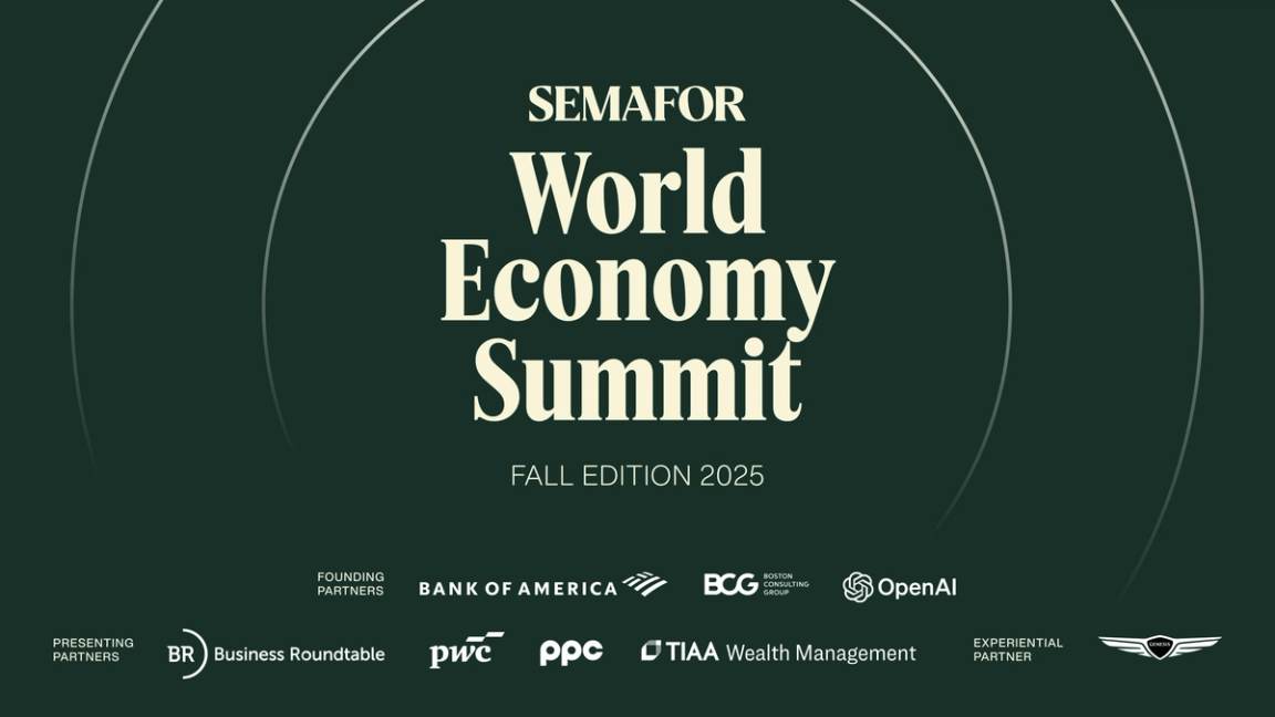 A World Economy Summit banner.