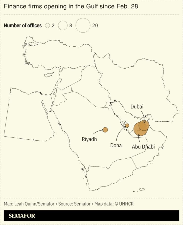 Map showing finance firms opening the Gulf since Feb. 28