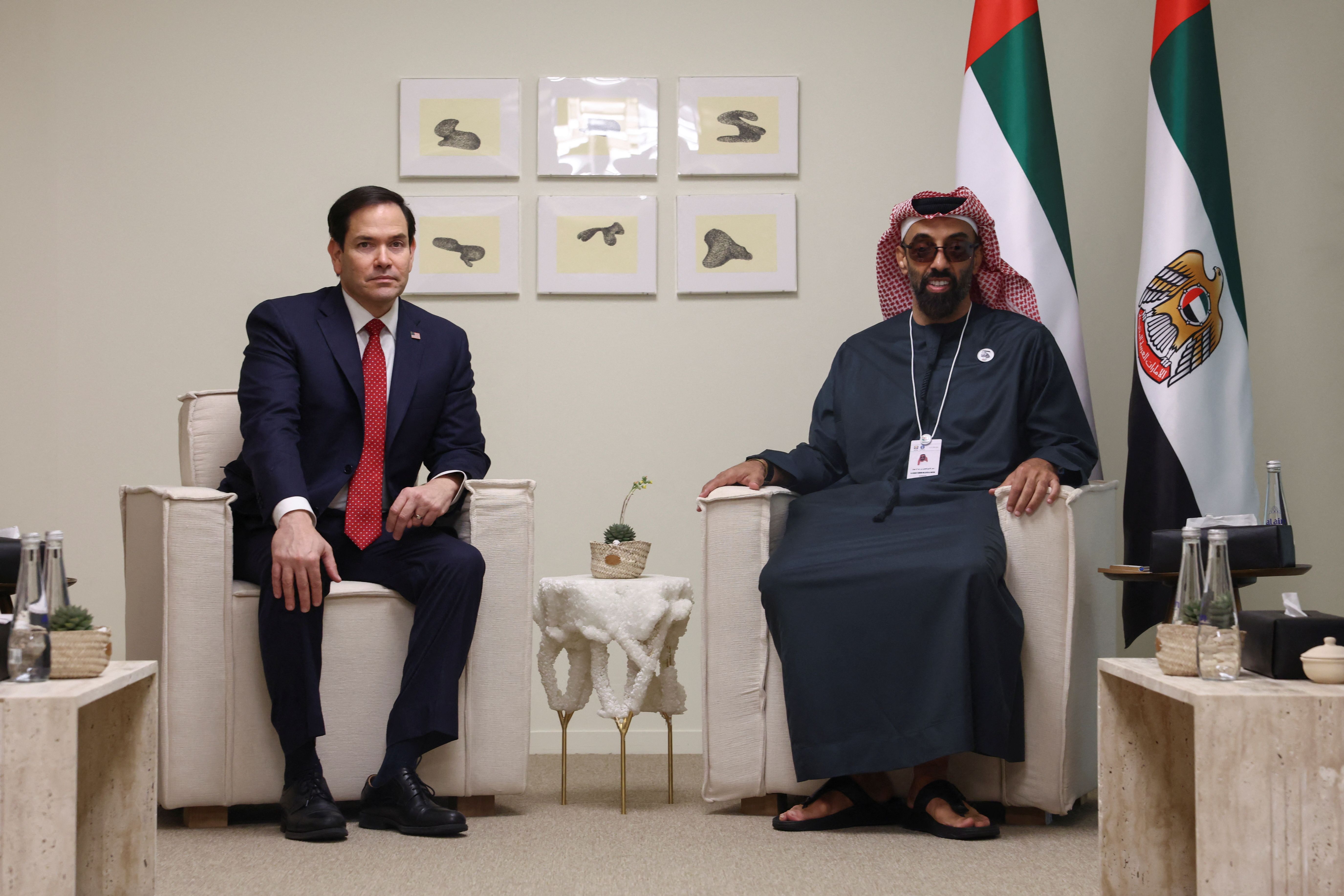 US Secretary of State Marco Rubio poses for a photo with UAE National Security Advisor Sheikh Tahnoon bin Zayed Al Nahyan.