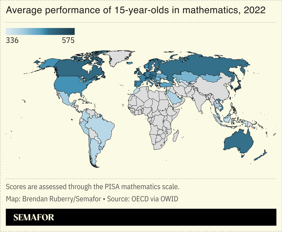 Map showing global average performance of 15-year-olds in math.