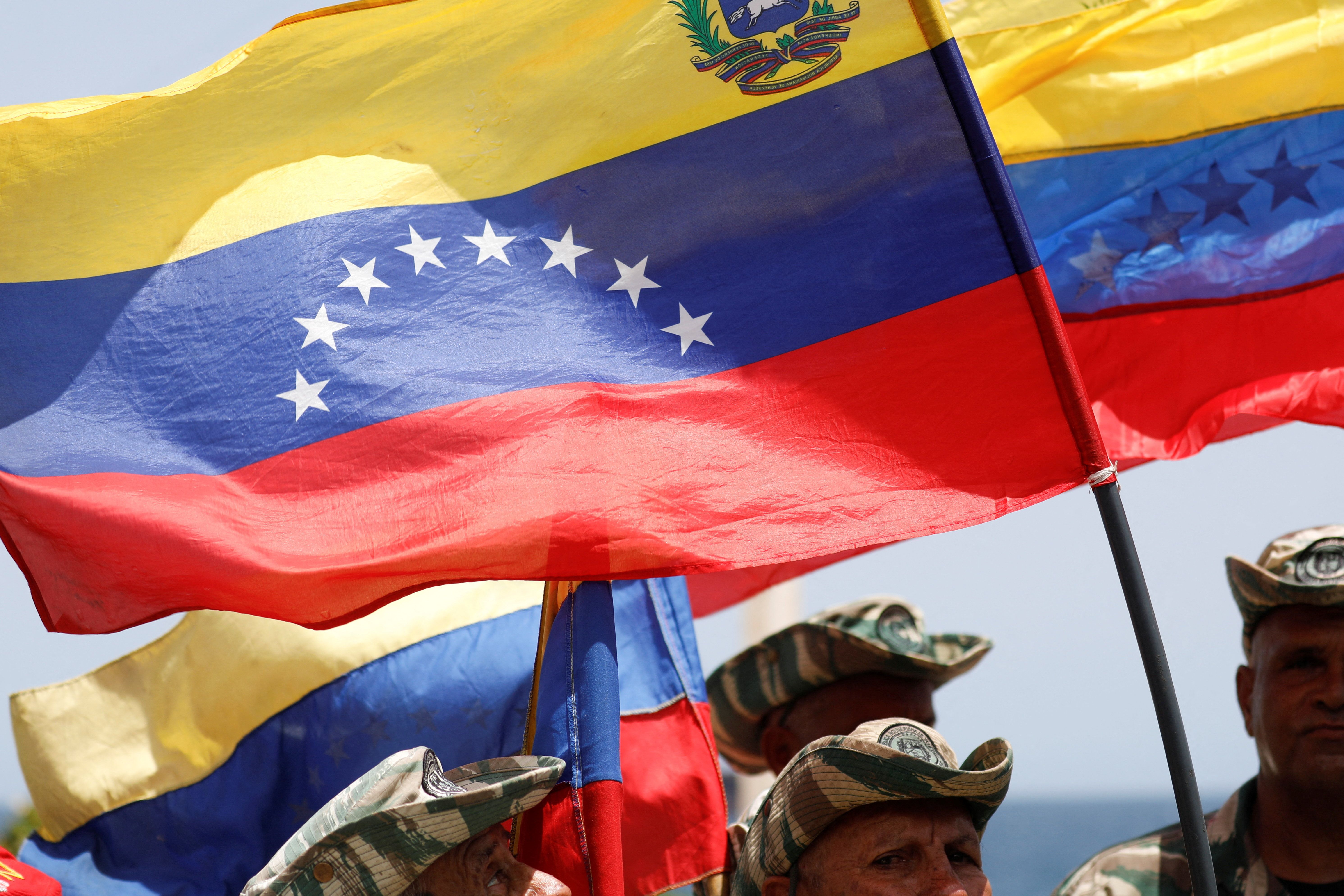Venezuelan militia members brandish flags