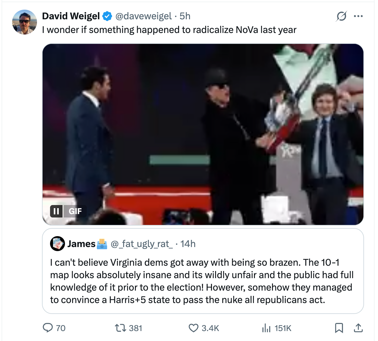 Dave Weigel tweet, responding to a post about how “Virginia dems got away with being so brazen” with their redistricting: “I wonder if something happened to radicalize NoVa last year,” Dave writes, attaching a GIF of Elon Musk wielding a chainsaw