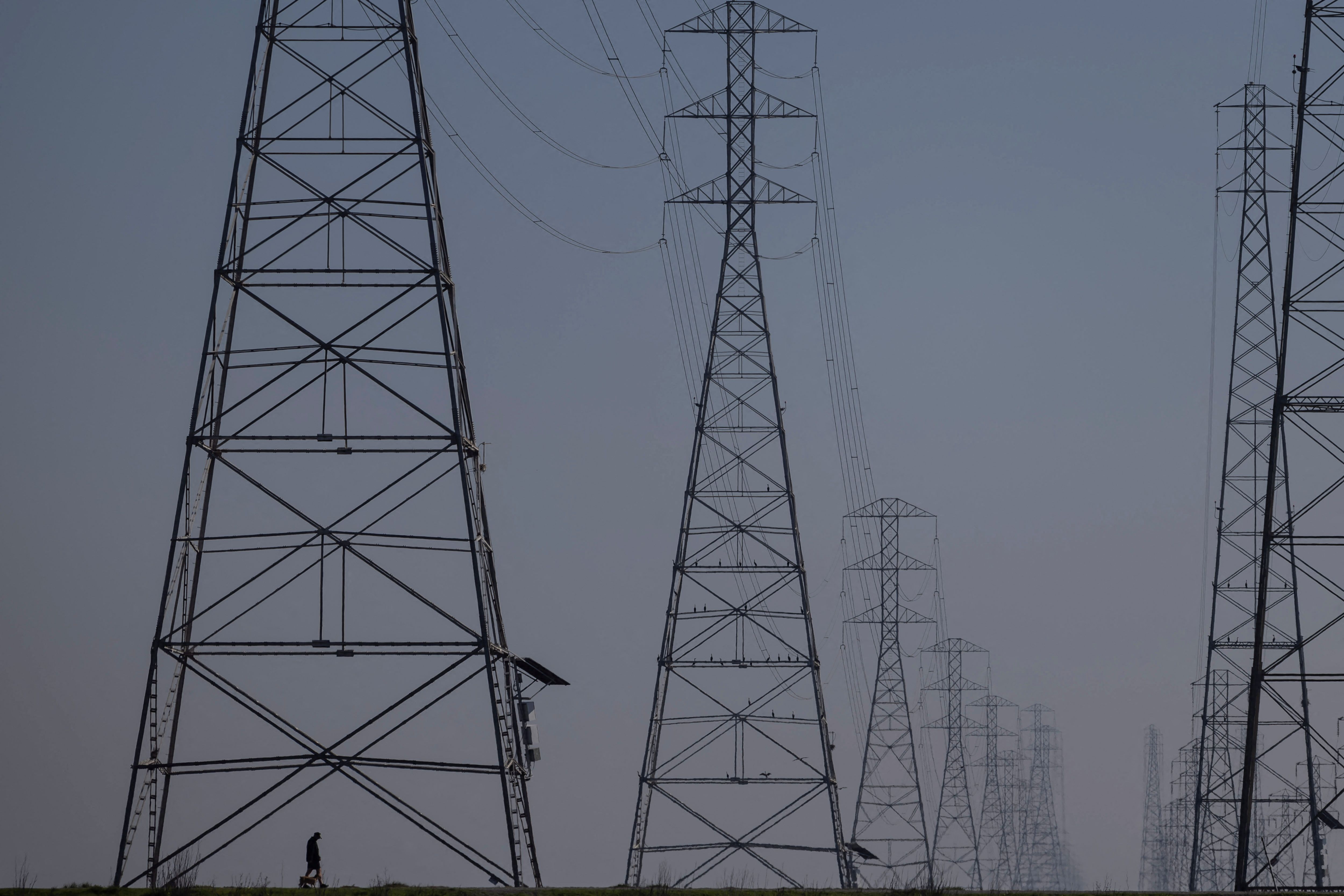 Power grid towers at Bair Island State Marine Park in Redwood City, California, United States.