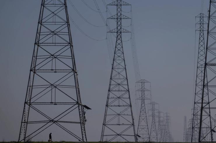 Power grid towers at Bair Island State Marine Park in Redwood City, California, United States.