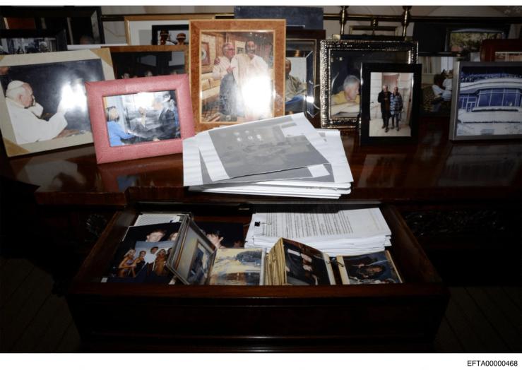 A view of drawers and framed photos, including of Donald Trump, in Jeffrey Epstein’s Manhattan home is seen in this image released by the Department of Justice in Washington, D.C.